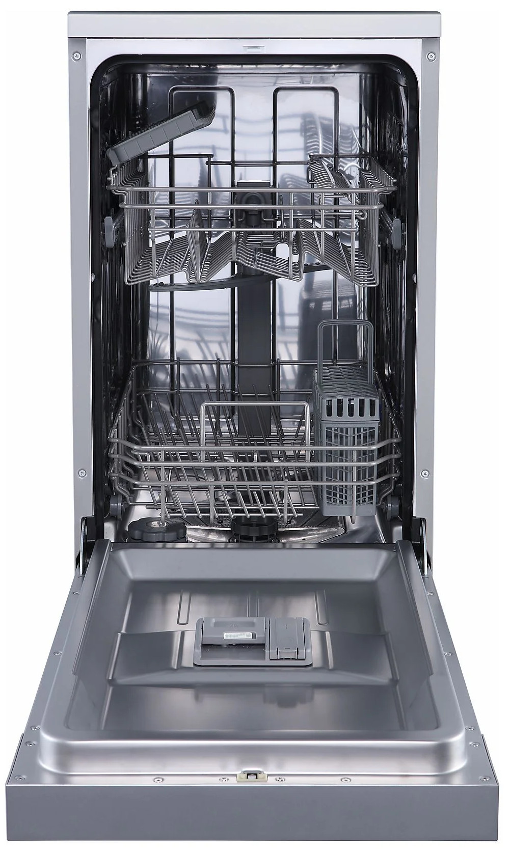 Otwarta zmywarka z dwoma koszami i pojemnikiem na sztućce. Wnętrze ze stali nierdzewnej.