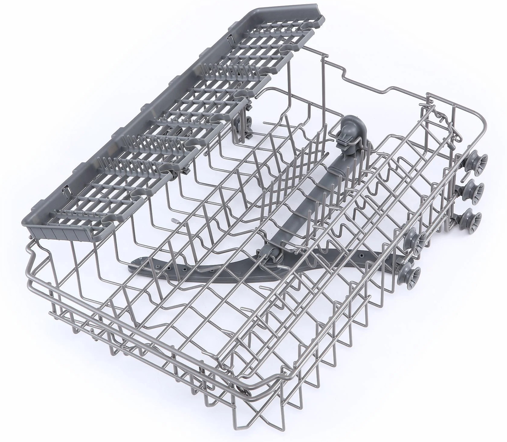 Szary metalowy kosz zmywarki z plastikowymi elementami na białym tle.