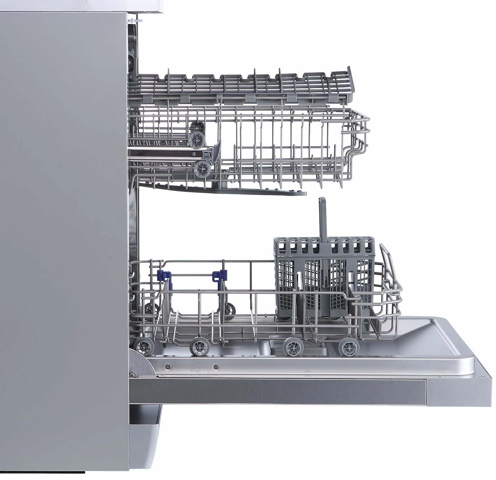 Wnętrze srebrnej zmywarki z wysuwanymi koszami.