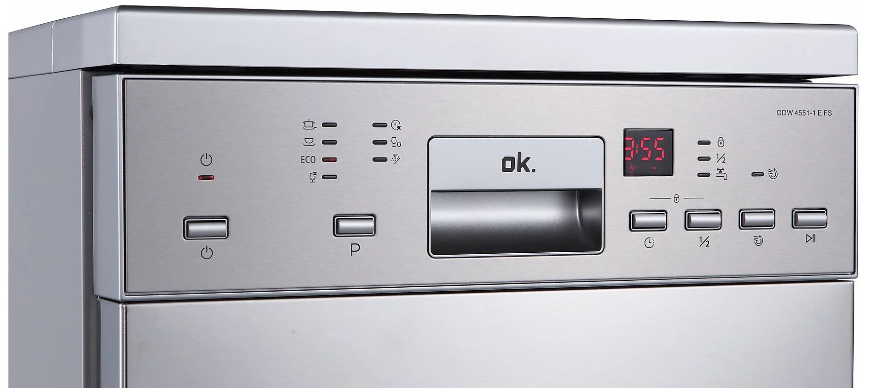 Panel sterowania zmywarki ze stali nierdzewnej z cyfrowym wyświetlaczem i przyciskami.