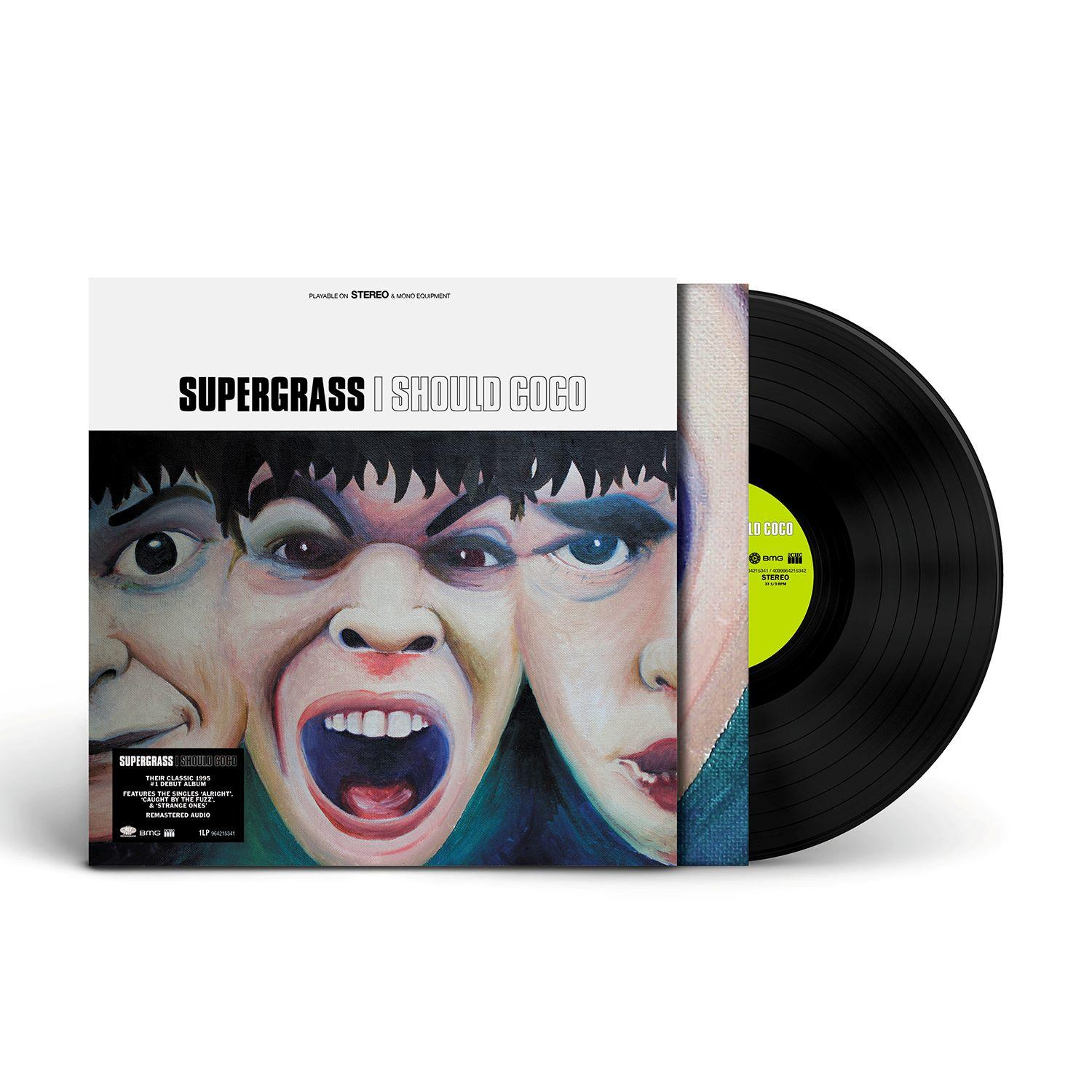 Vinyl-Schallplatte mit Albumcover von Supergrass "I Should Coco", drei Gesichter auf dem Cover.