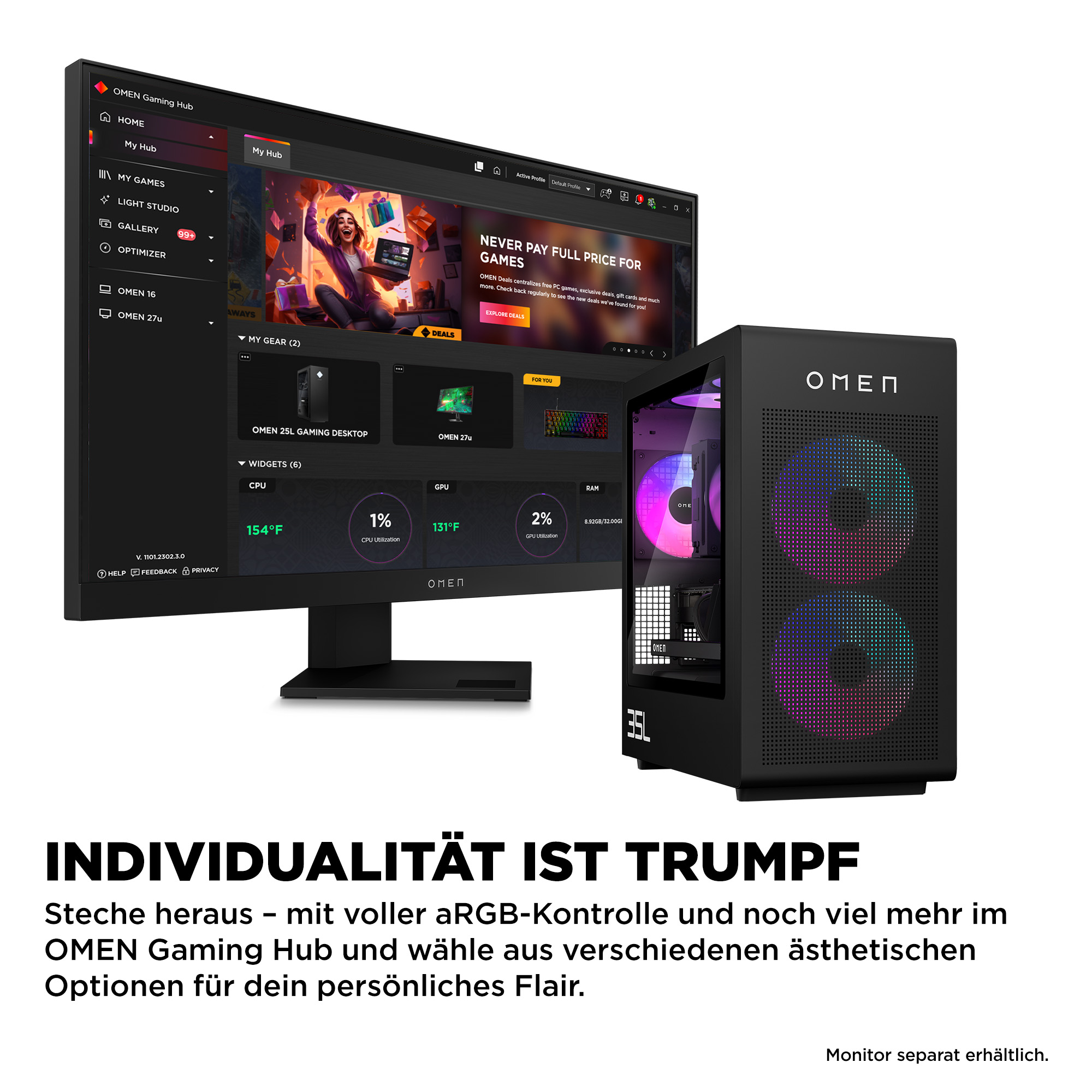 Ein OMEN Gaming Hub auf einem Monitor und ein OMEN PC-Gehäuse mit RGB-Lüftern.