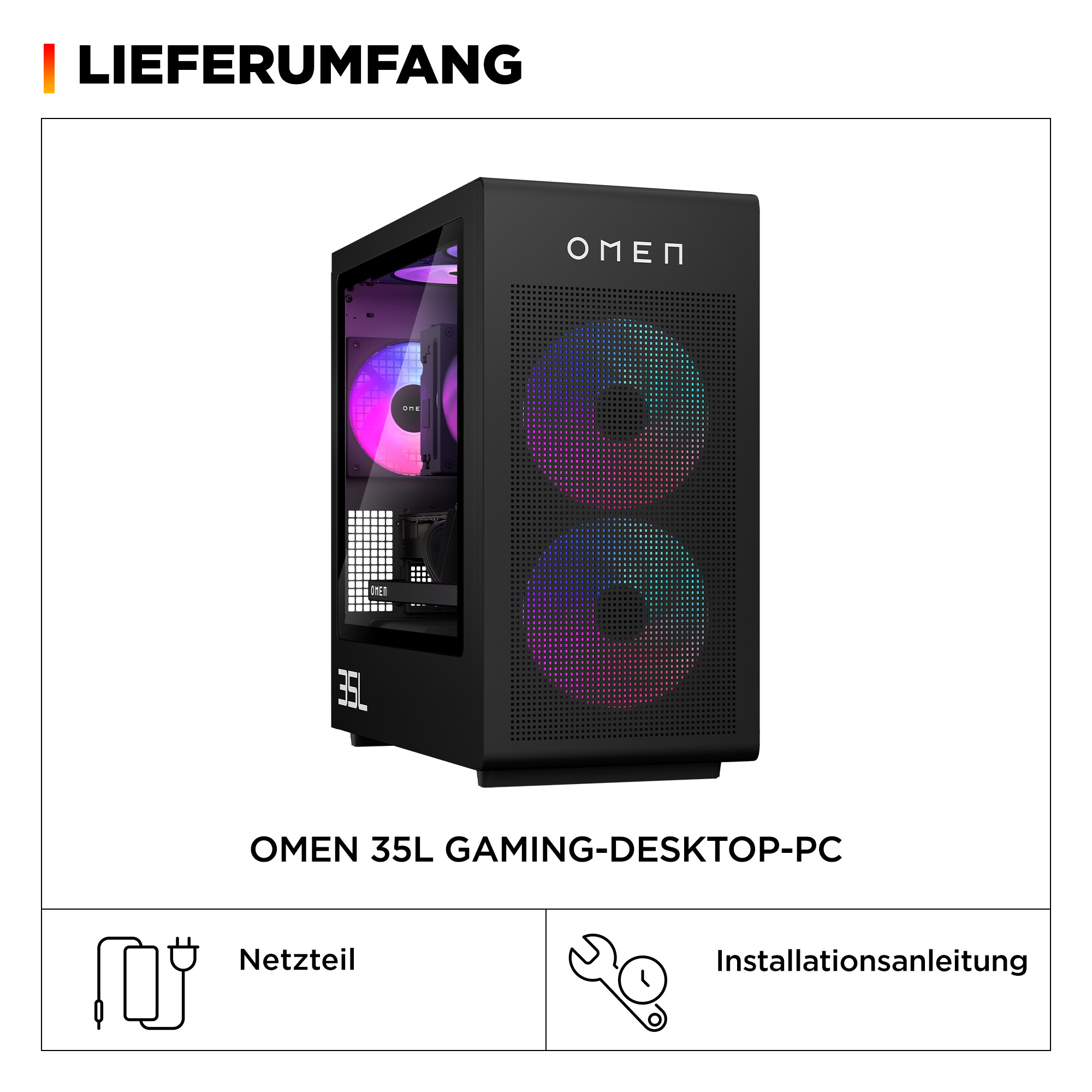 Schwarzer OMEN Gaming-PC mit RGB-Lüftern und Sichtfenster. Enthält Netzteil und Anleitung.