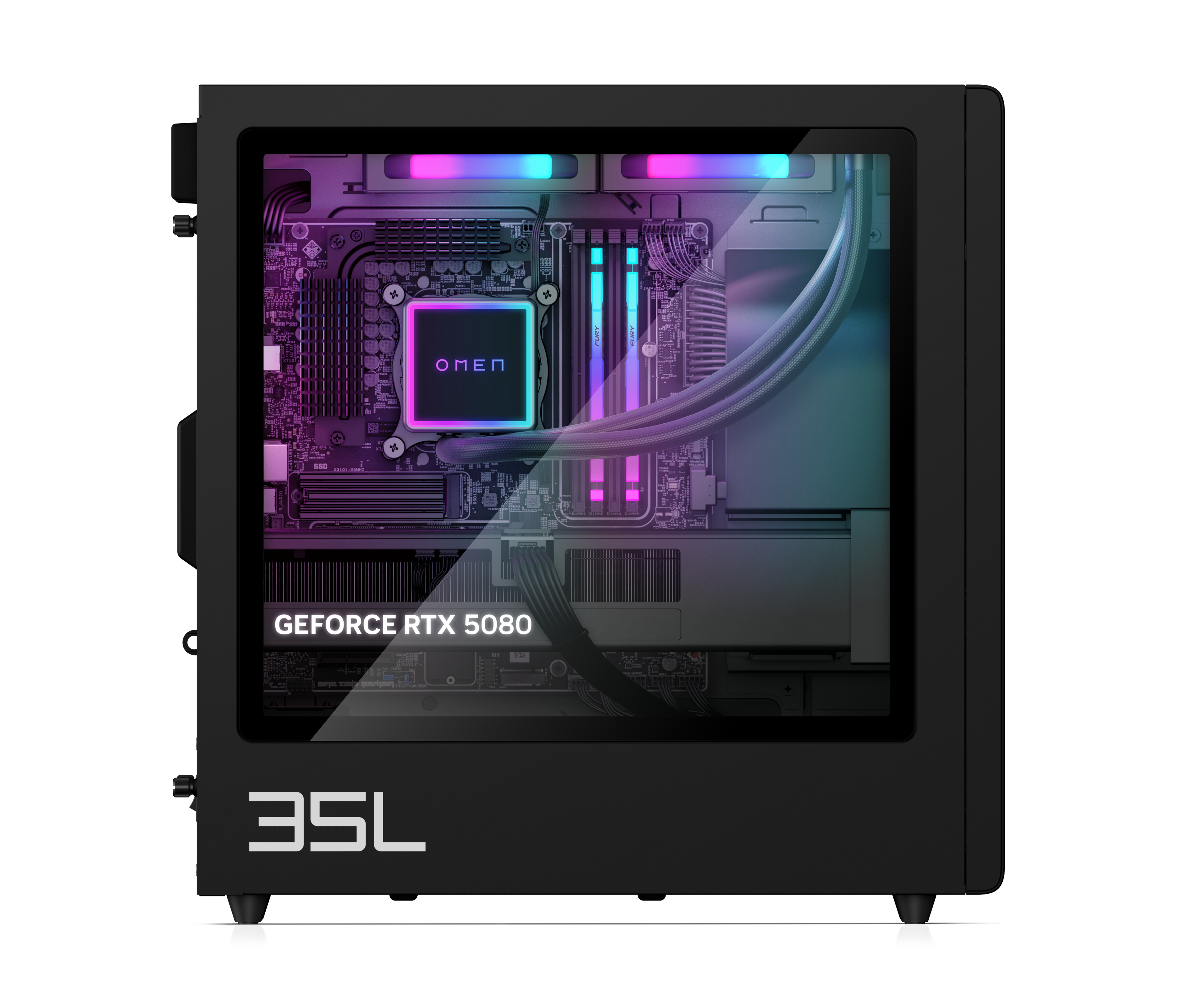 Ein schwarzer PC-Turm mit beleuchteten Komponenten und RTX 5080.