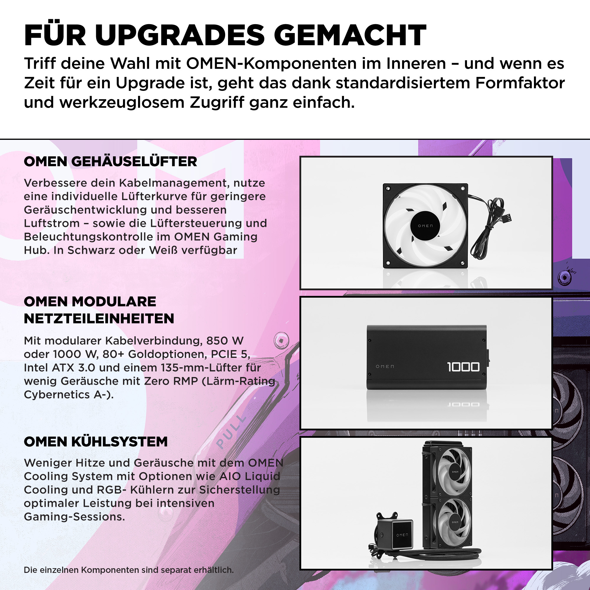 Ein OMEN Gehäuselüfter, Netzteil und Kühlsystem sind abgebildet.