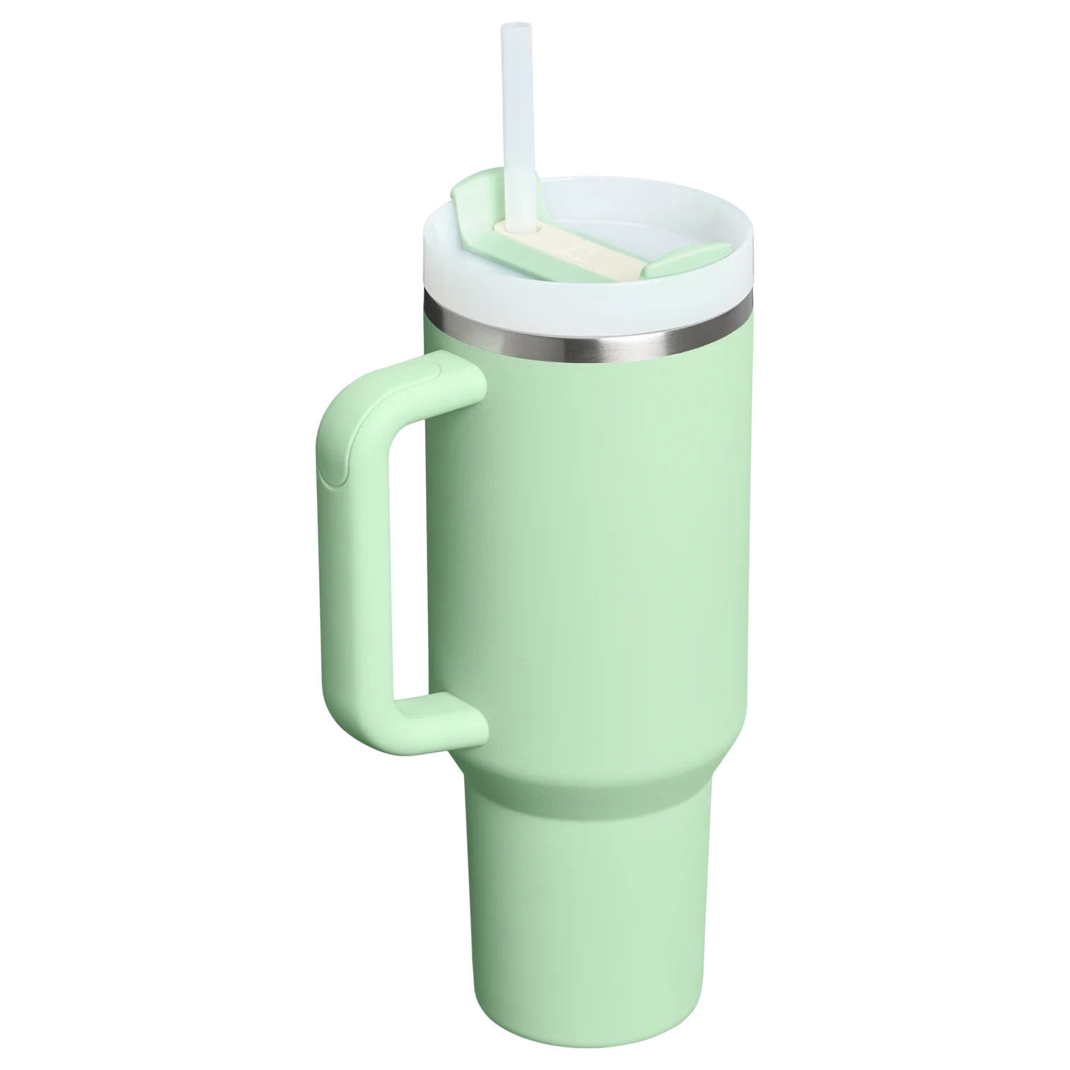 Açık yeşil bardak, beyaz kapaklı ve pipetli.