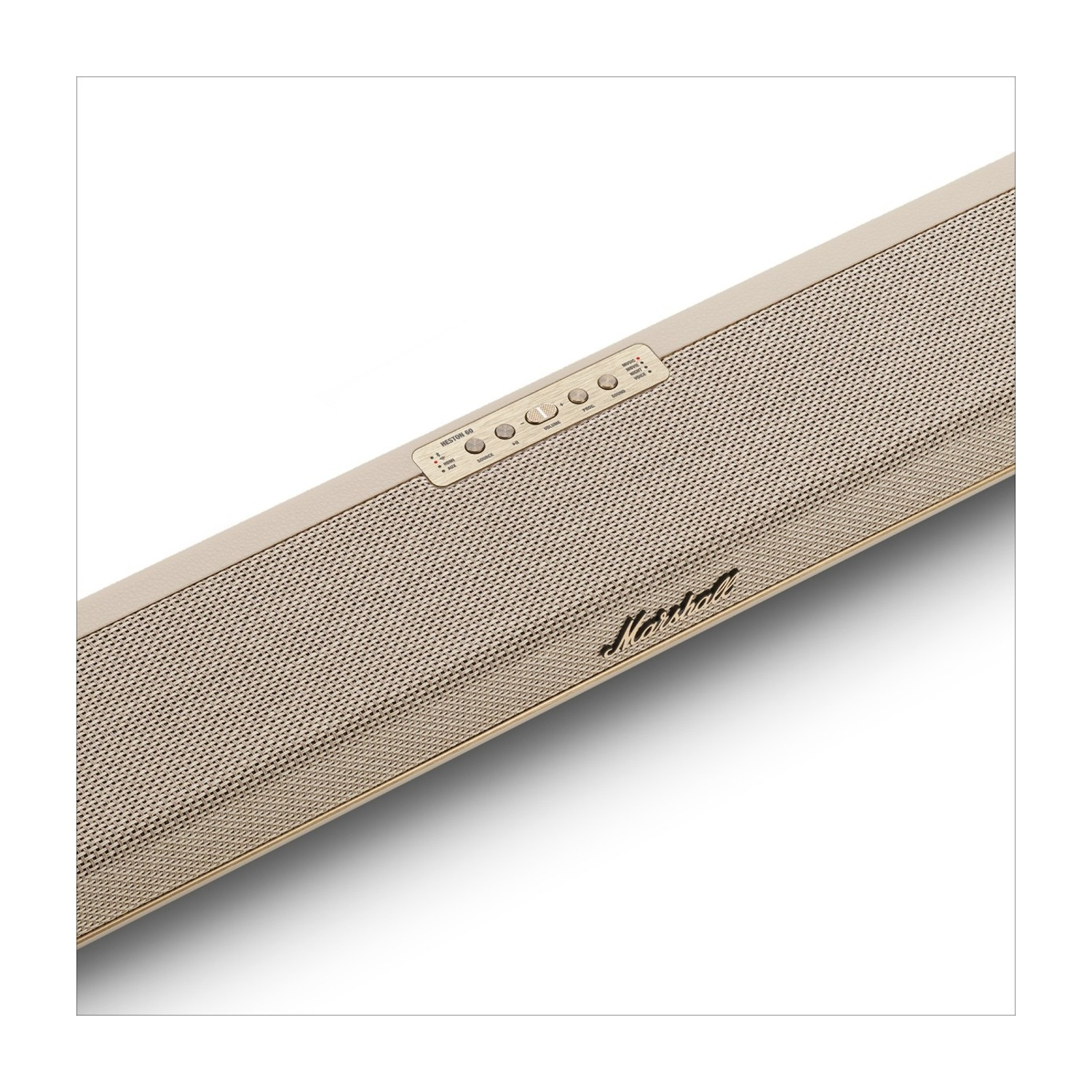 Un altoparlante Marshall beige con accenti dorati e pulsanti di controllo.