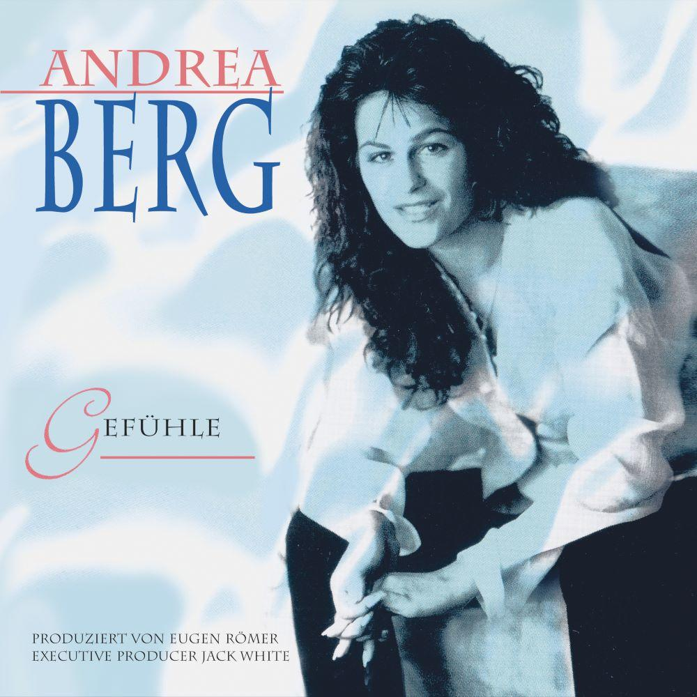 Andrea Berg mit Albumtitel Gefühle, schwarz-weiße Aufnahme.