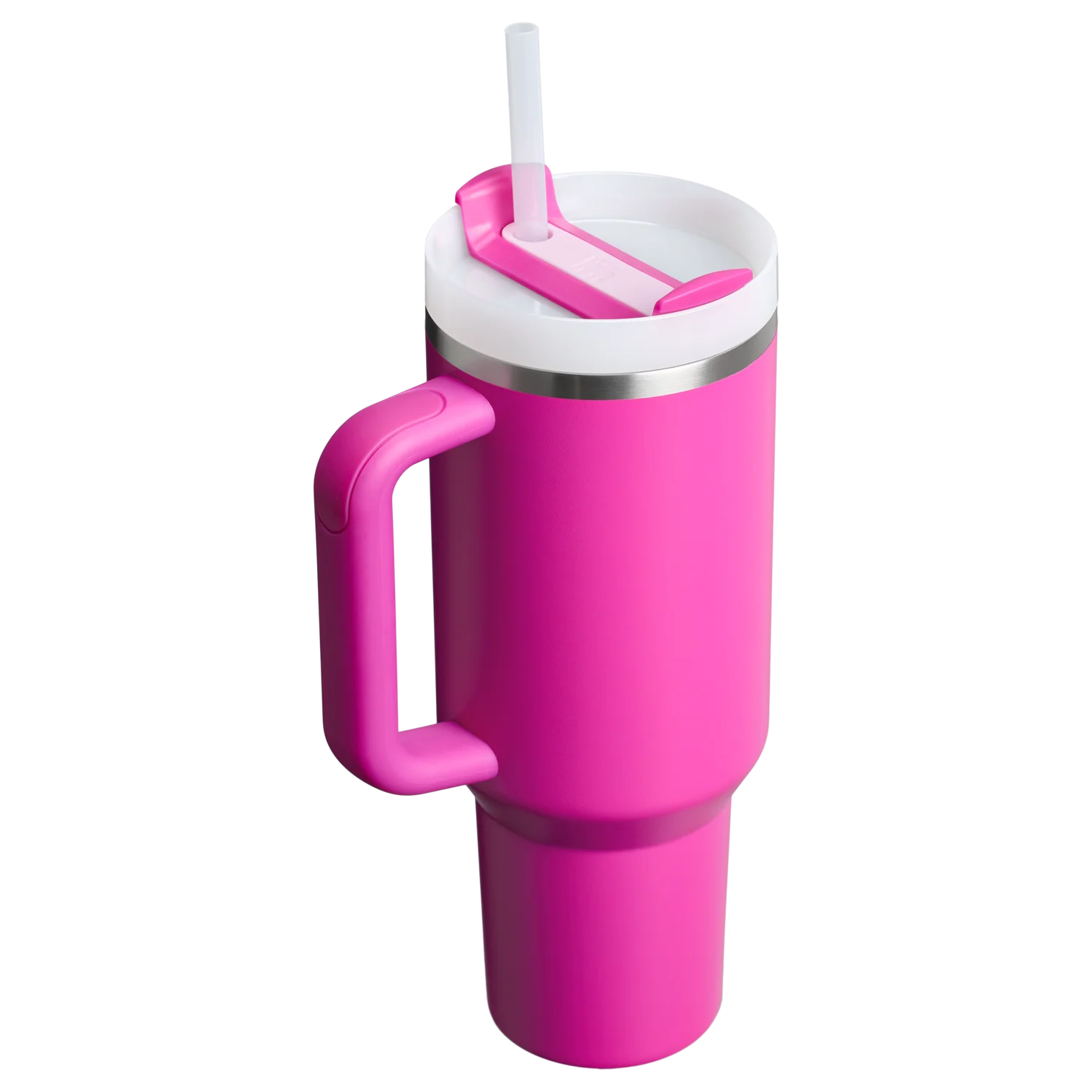 Beyaz kapaklı, pembe saplı ve pipetli parlak pembe termos bardak.