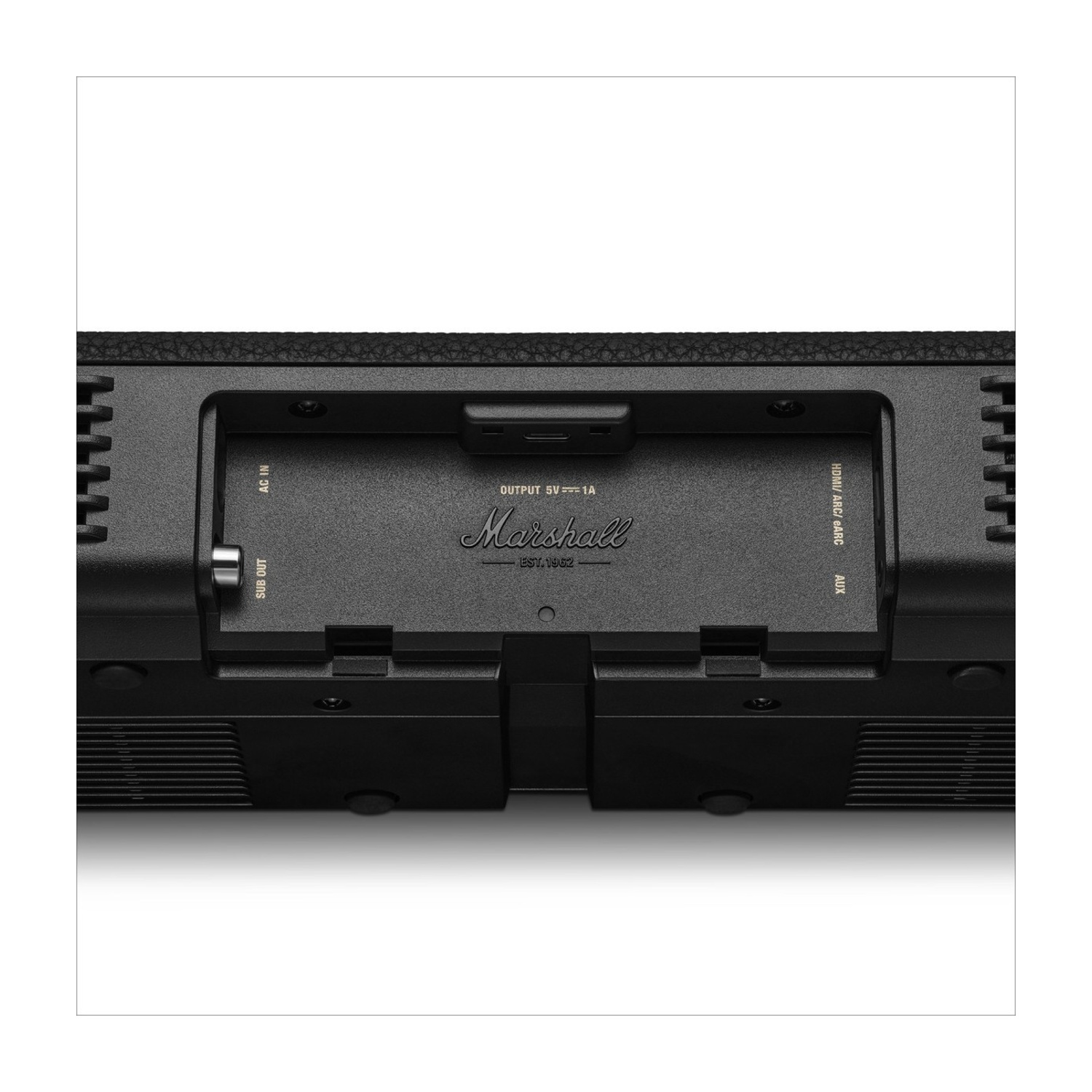 Retro di un altoparlante Marshall nero con porte: AC IN, SUB OUT, HDMI/ARC/EARC, AUX.