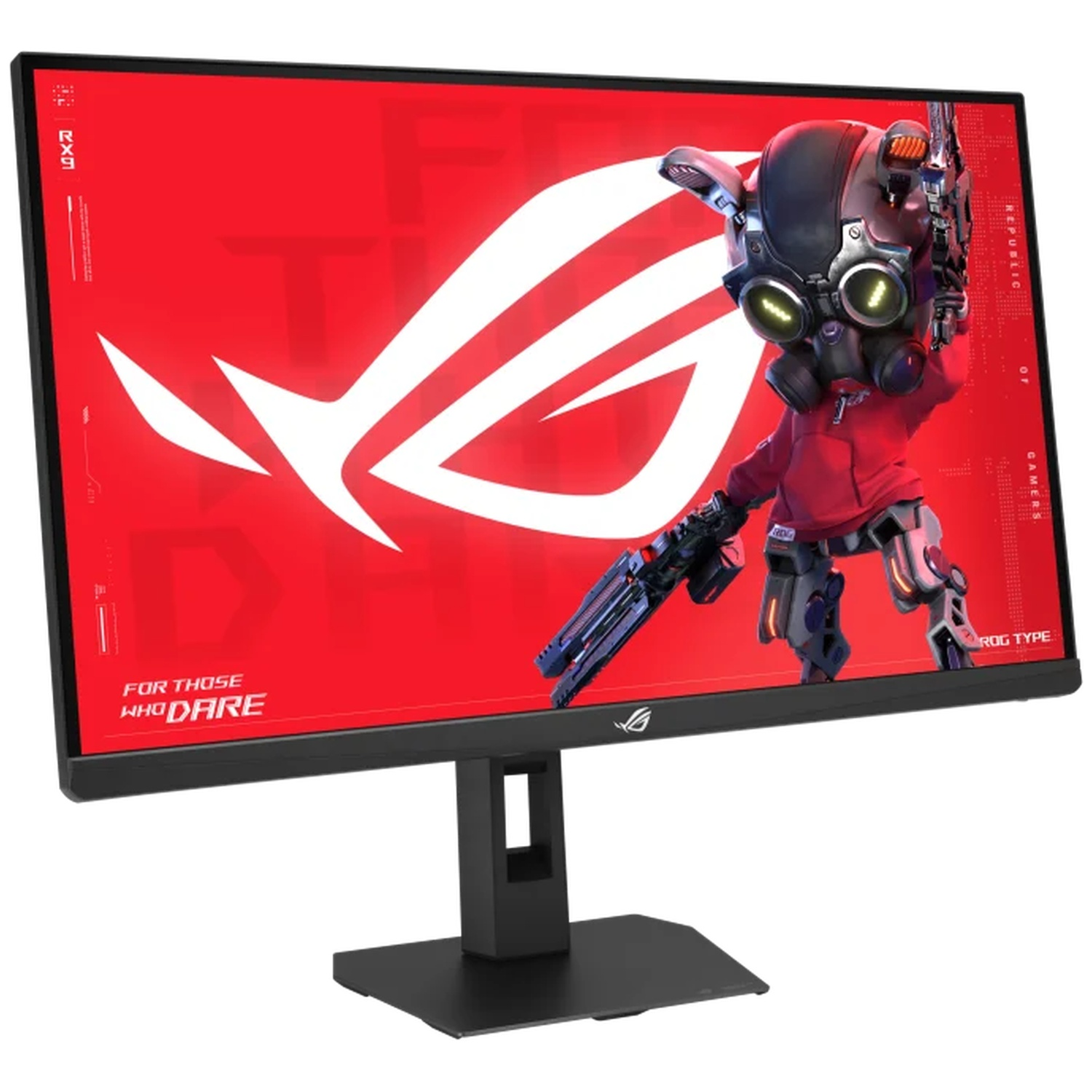 A gaming monitor displaying a red background with a cyborg character.