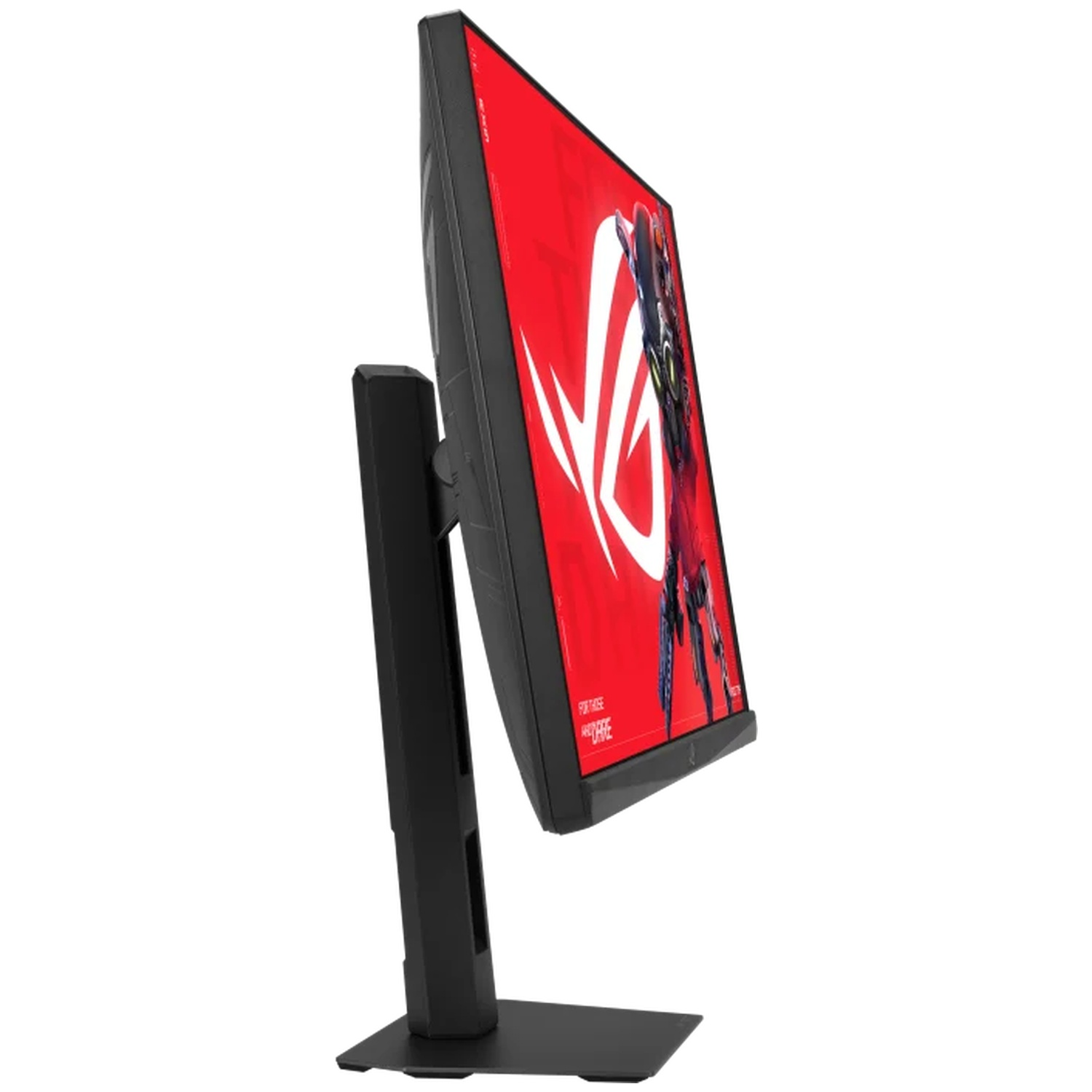 A black gaming monitor displaying a red ROG logo and cyberpunk graphics.