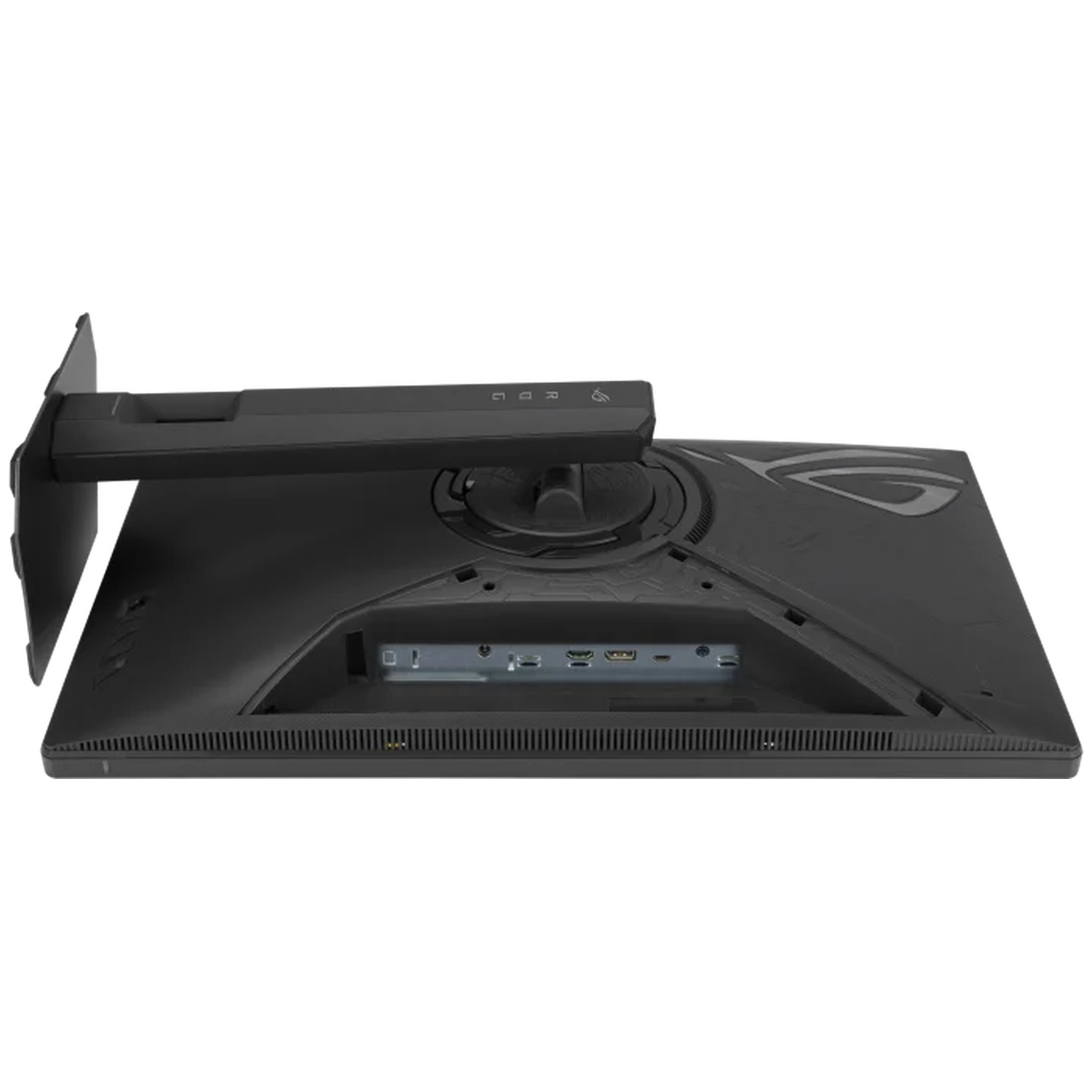 Back of a black monitor with ports and an adjustable stand.