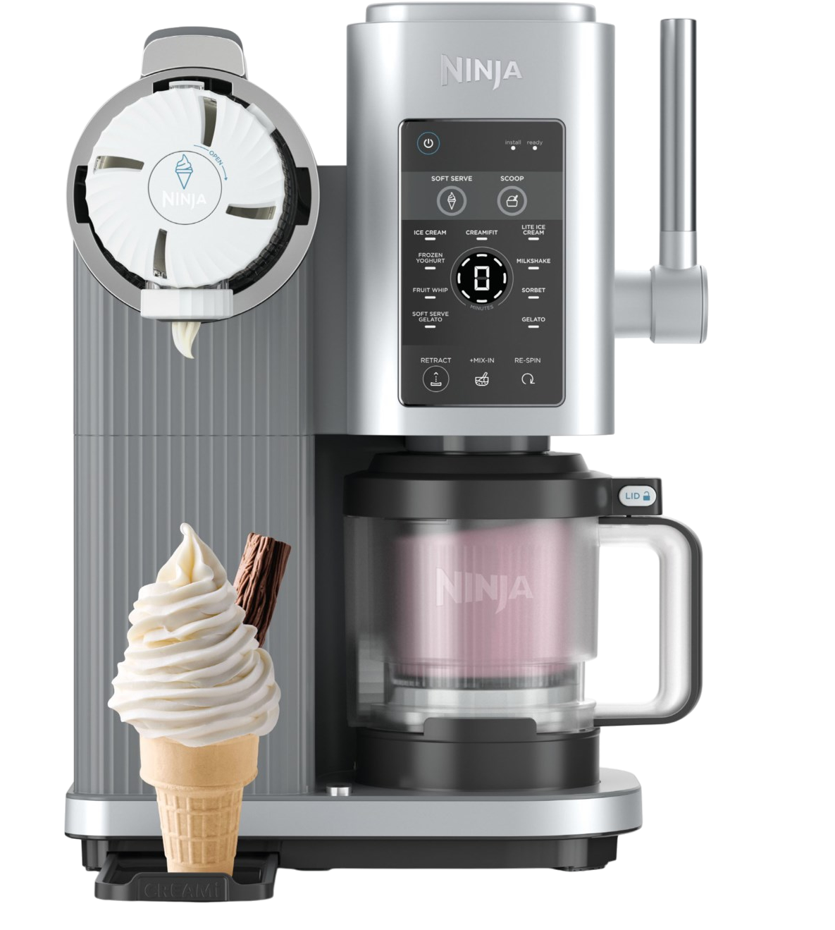 Ein silberner Ninja Eismaschine mit einem Eis in der Waffel.