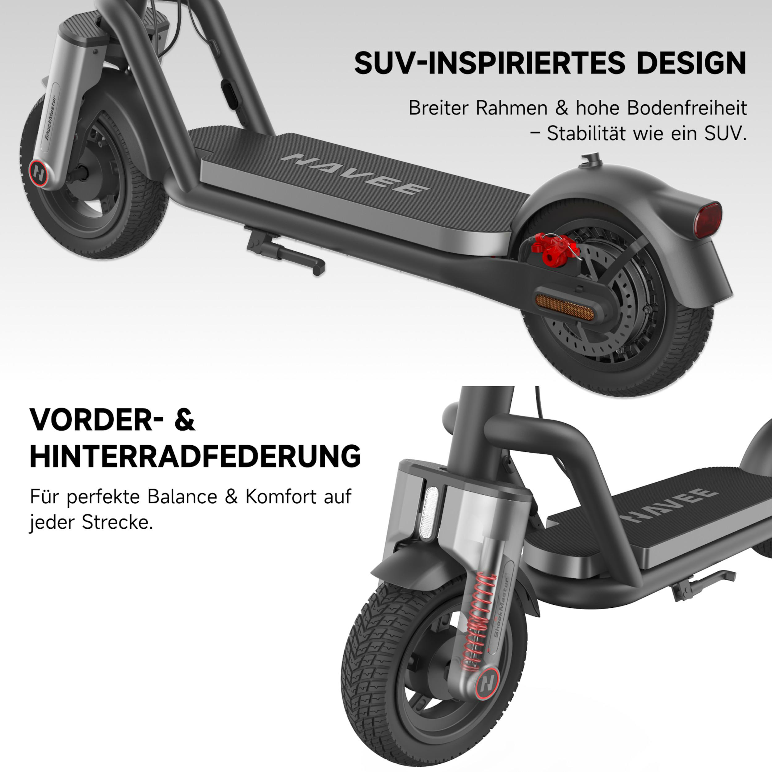 Elektroroller mit SUV-inspiriertem Design, Federung und breitem Rahmen.