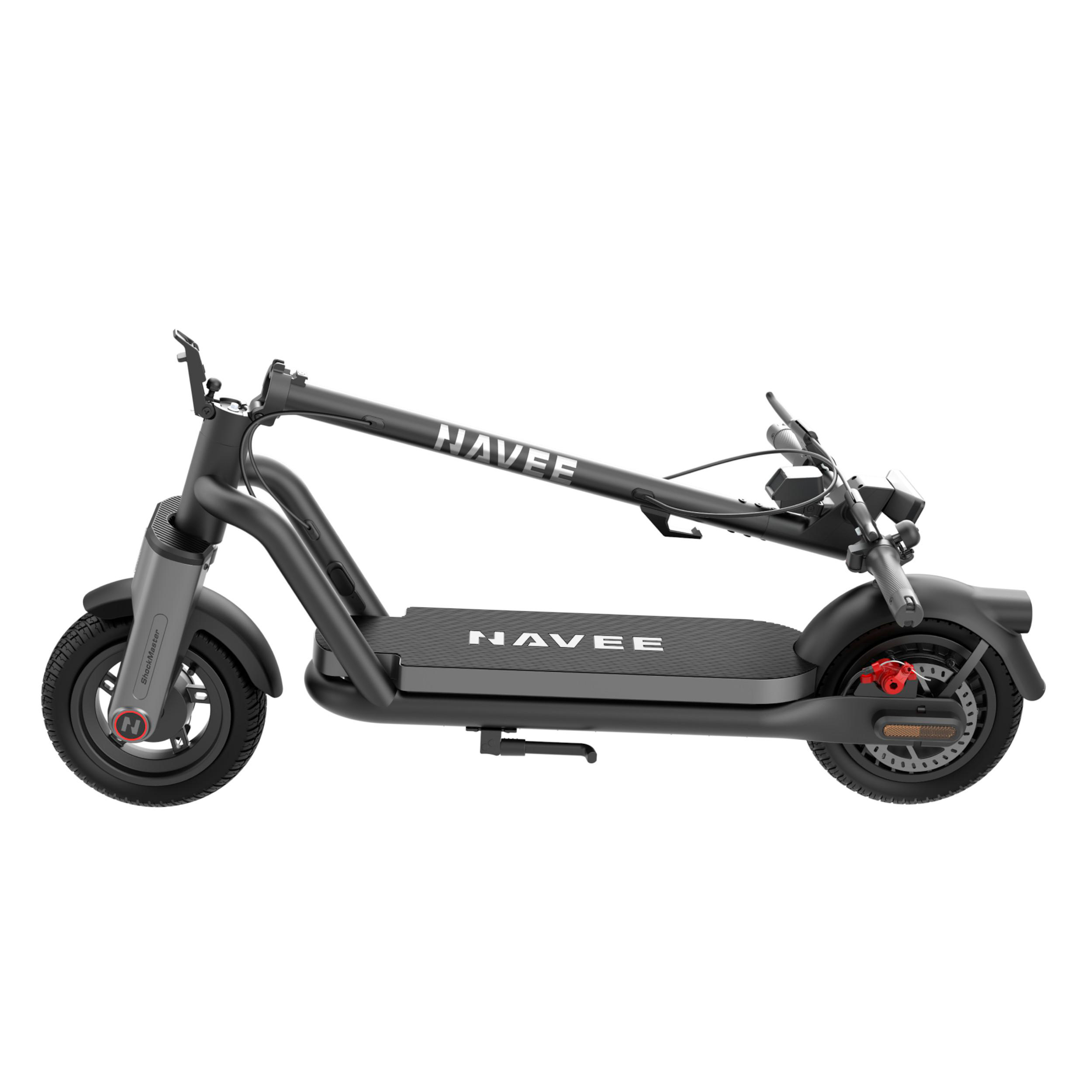 Ein schwarzer Navee E-Scooter ist auf weißem Hintergrund abgebildet.