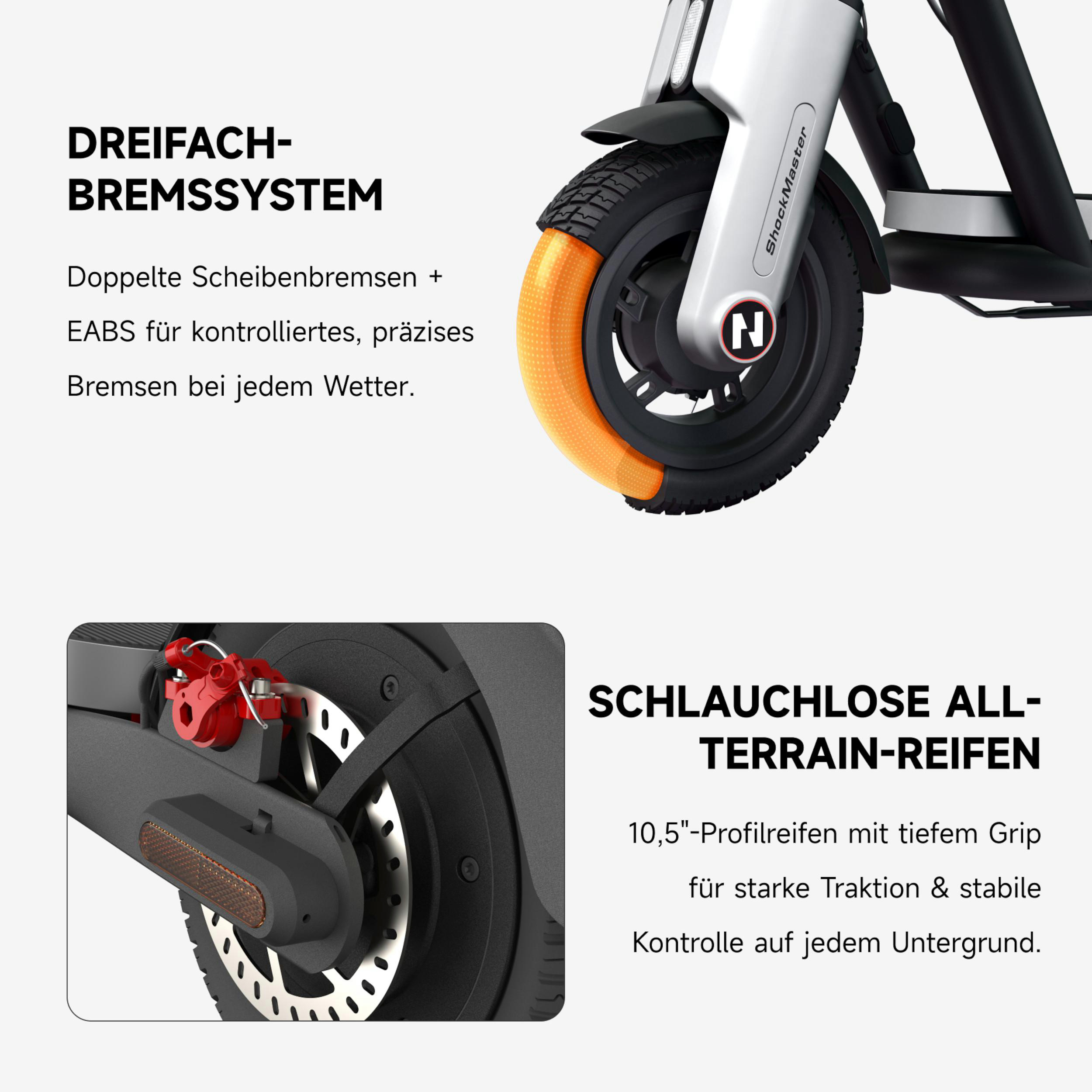 E-Scooter mit Scheibenbremse und All-Terrain-Reifen.