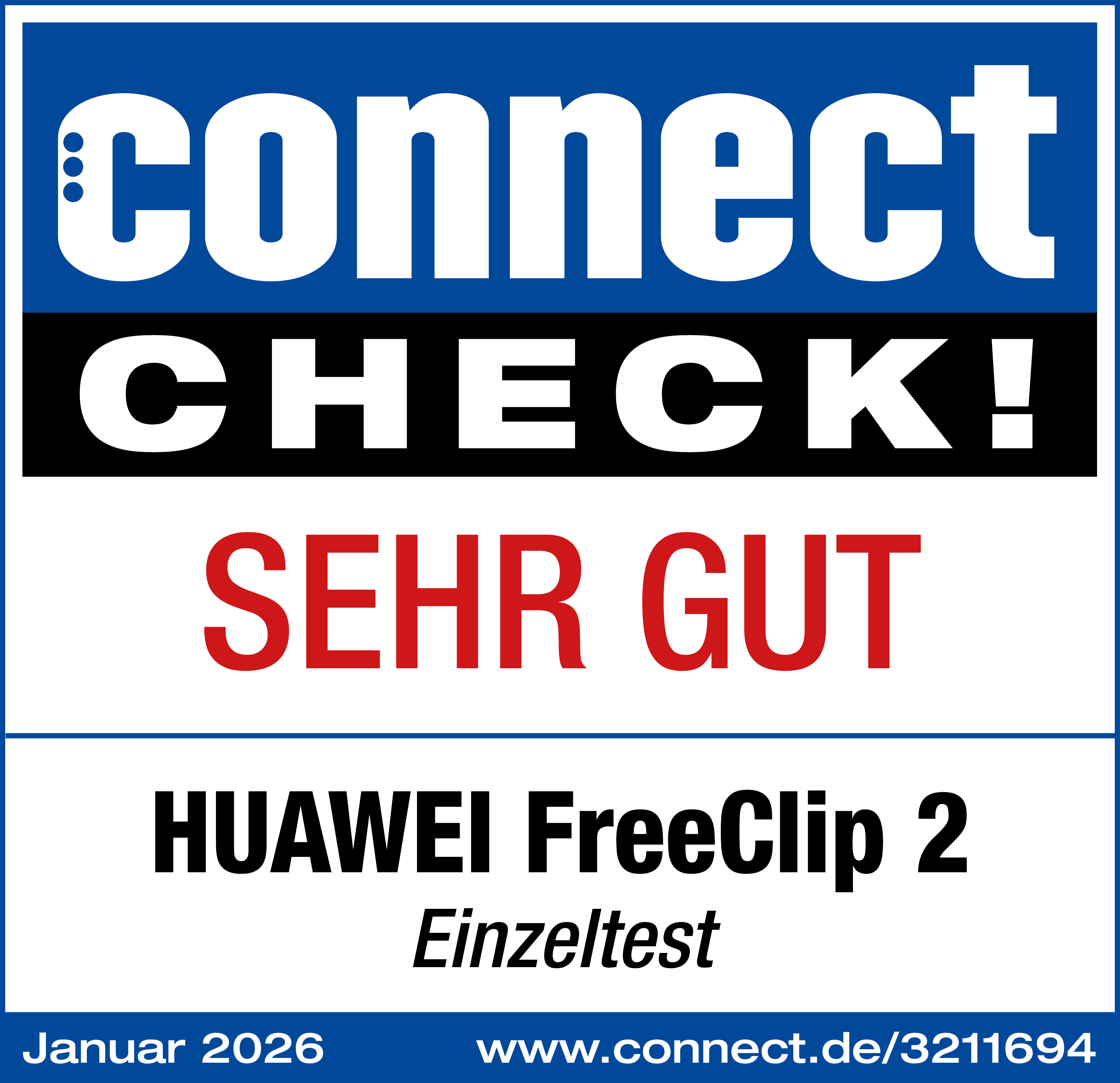 Connect Check: Sehr Gut. Huawei FreeClip 2 Einzeltest. Januar 2026.