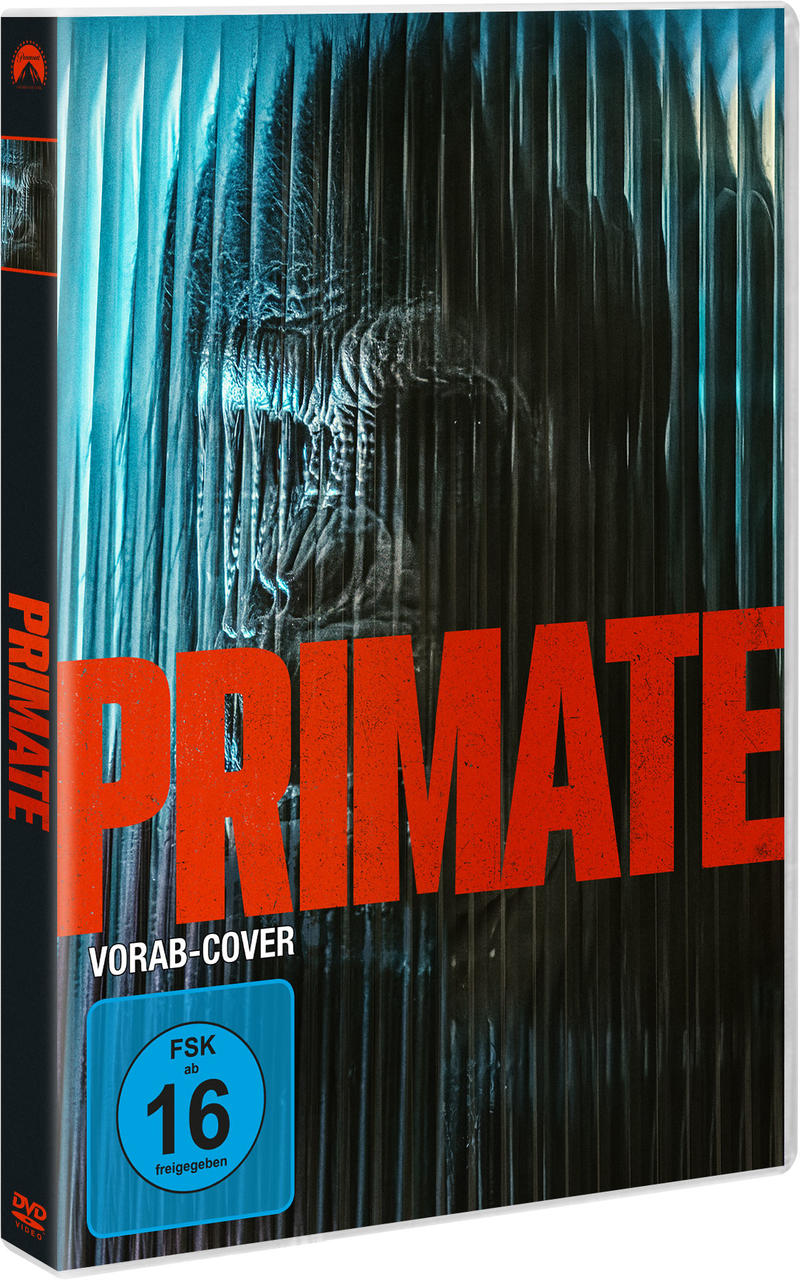 DVD-Hülle mit blauen und schwarzen Streifen, Titel PRIMATE, FSK 16.
