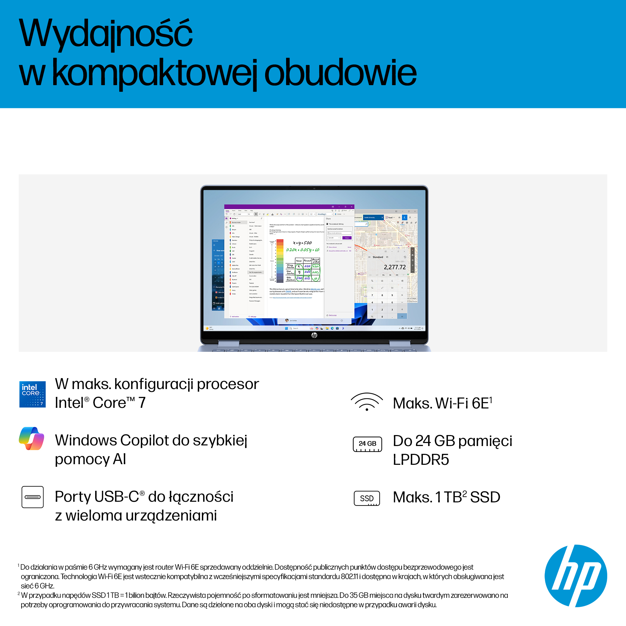 Laptop z procesorem Intel Core 7, Wi-Fi 6E, 24 GB RAM LPDDR5 i dyskiem SSD 1 TB.