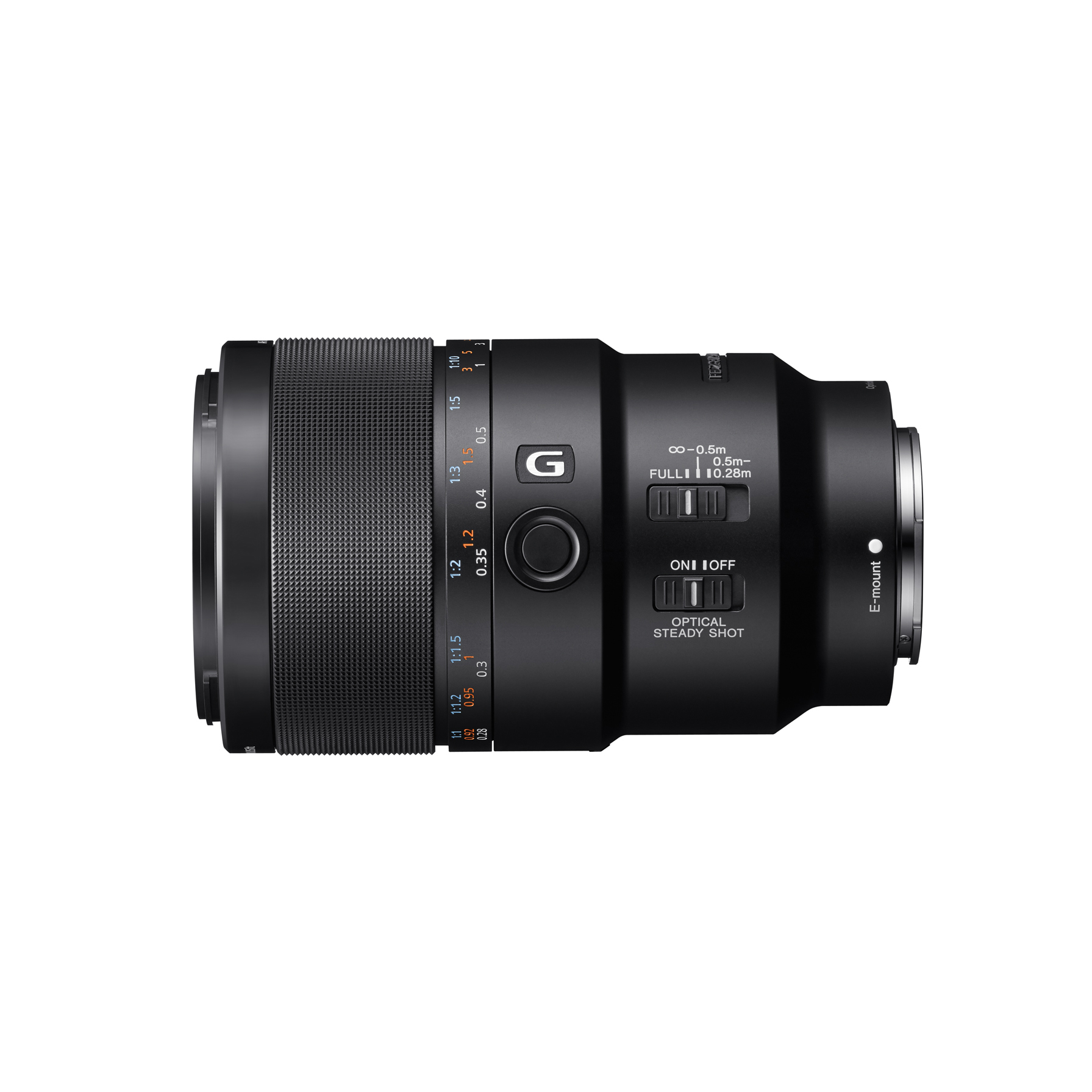 Obiettivo fotocamera nero con ghiere di messa a fuoco e zoom e segni.