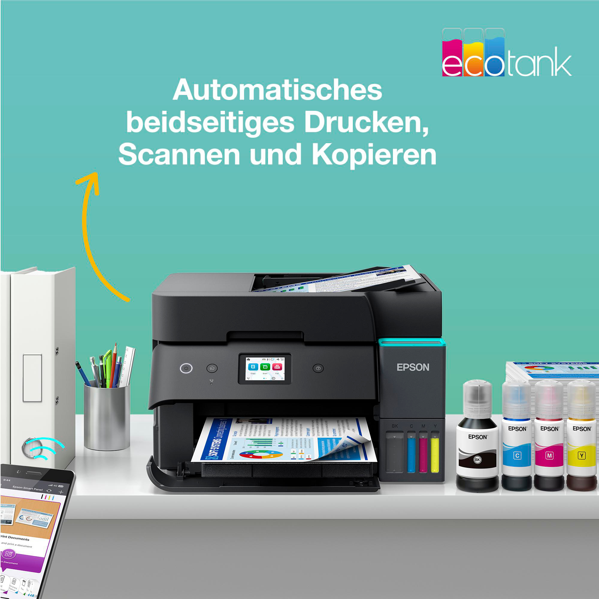 Epson EcoTank Drucker mit Tintenflaschen, Ordner und Smartphone.