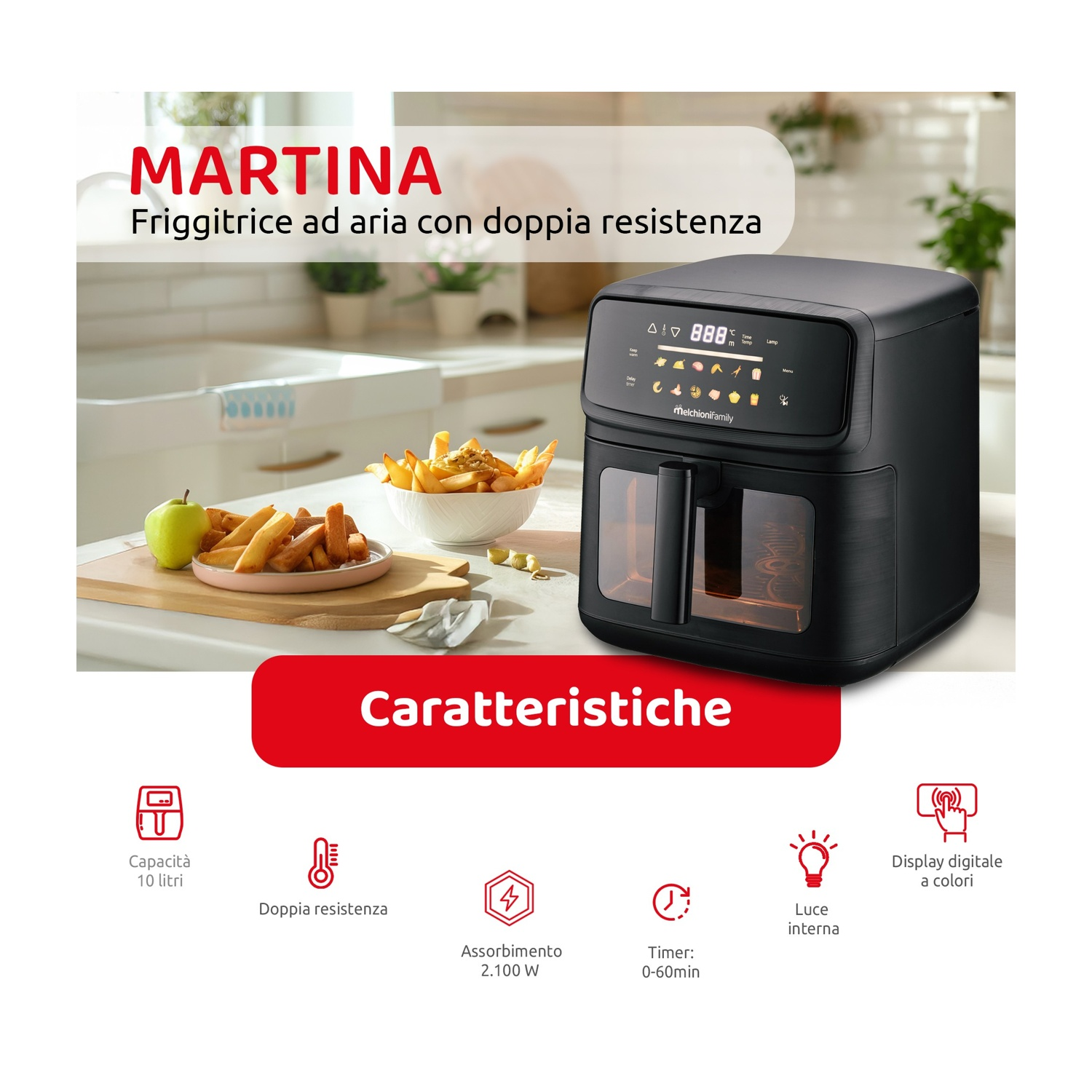 Una friggitrice ad aria nera con patatine e mela accanto, con testo e icone.