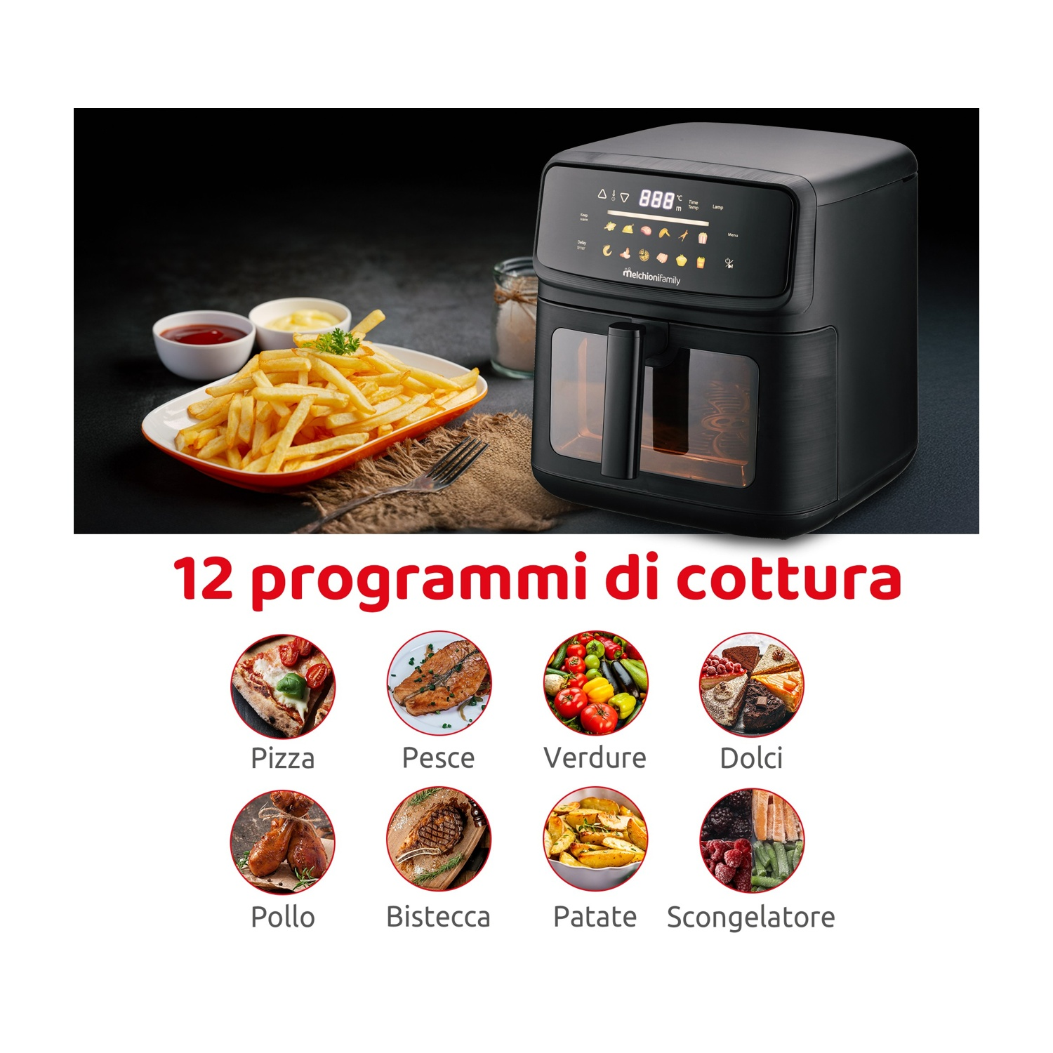 Una friggitrice ad aria nera con finestra e pannello di controllo. Patatine fritte con salse.