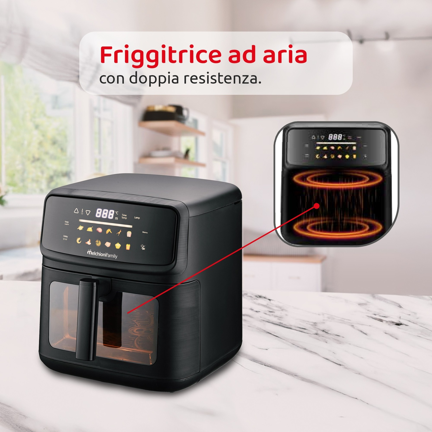 Friggitrice ad aria nera con display digitale e finestra.