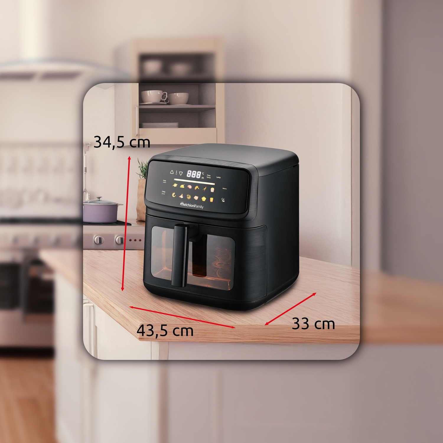Friggitrice ad aria nera su piano di lavoro in legno con dimensioni.