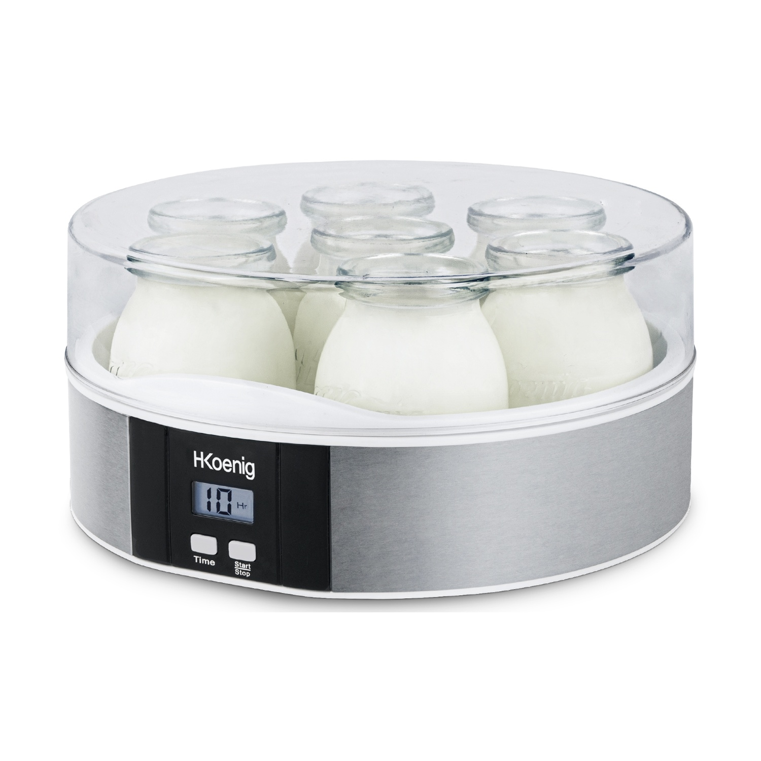 Yogurtiera con sei vasetti, riempiti di yogurt bianco.