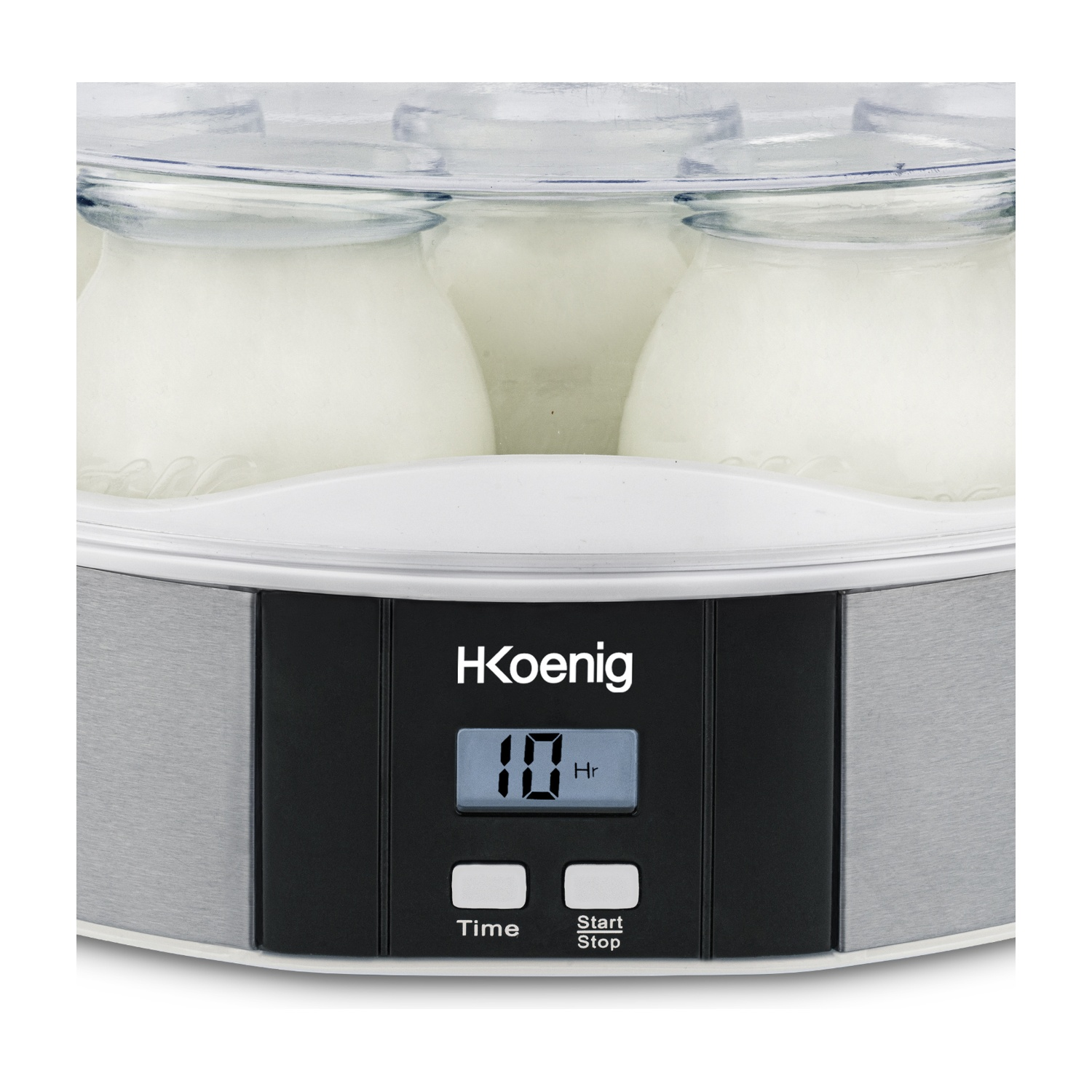 Yogurtiera con vasetti di vetro, display digitale e pulsanti di controllo.