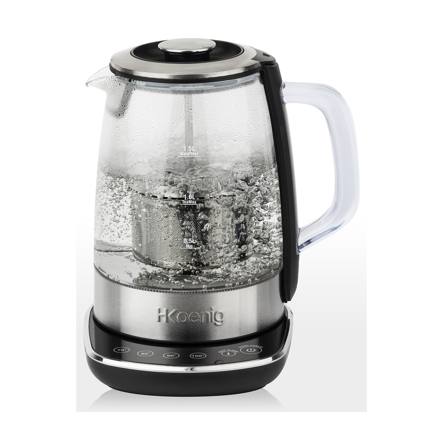 Bollitore in vetro con base in acciaio, acqua bollente e infusore per tè.