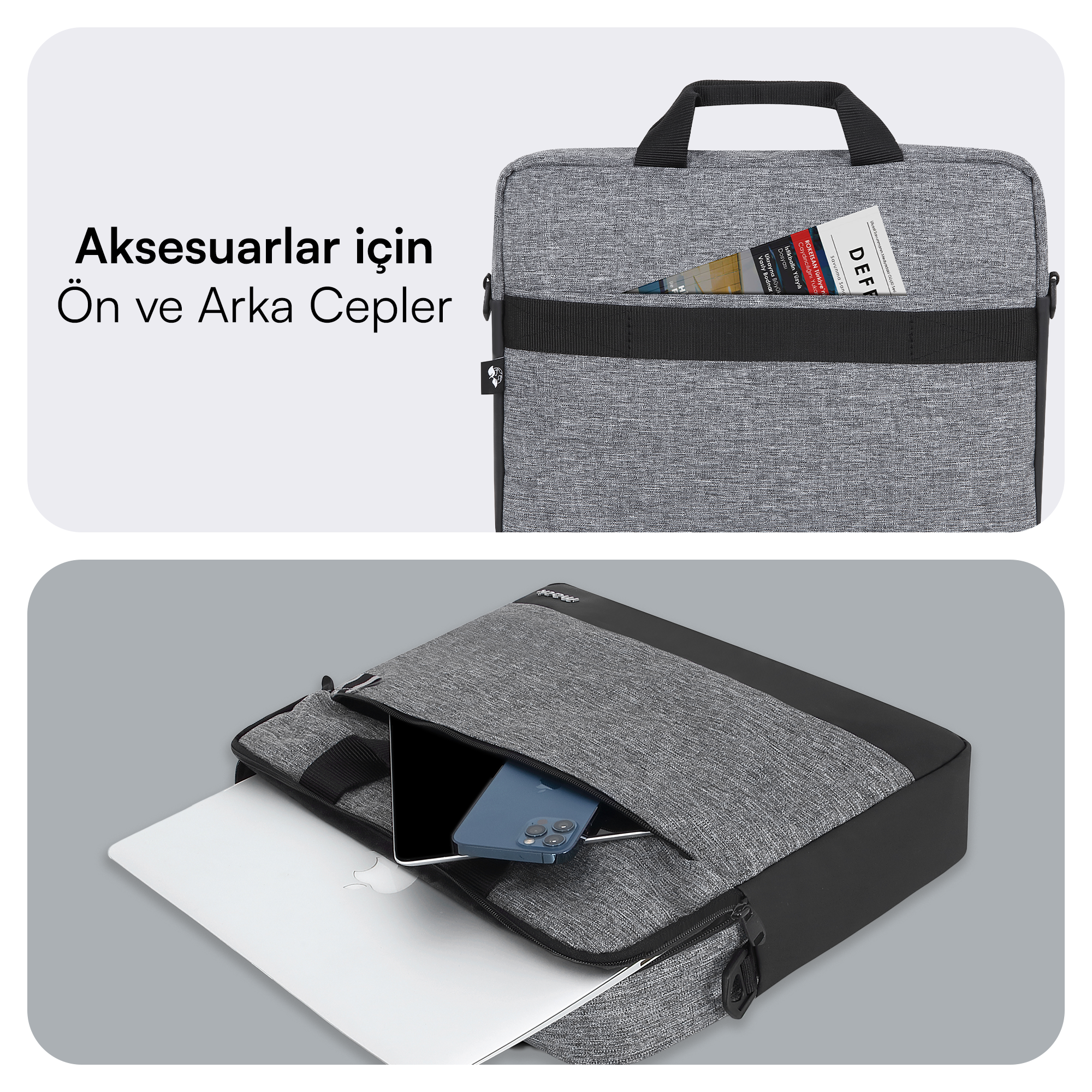 Gri laptop çantası, ön cebinde dergi. Altta: çanta içinde laptop, tablet ve telefon.