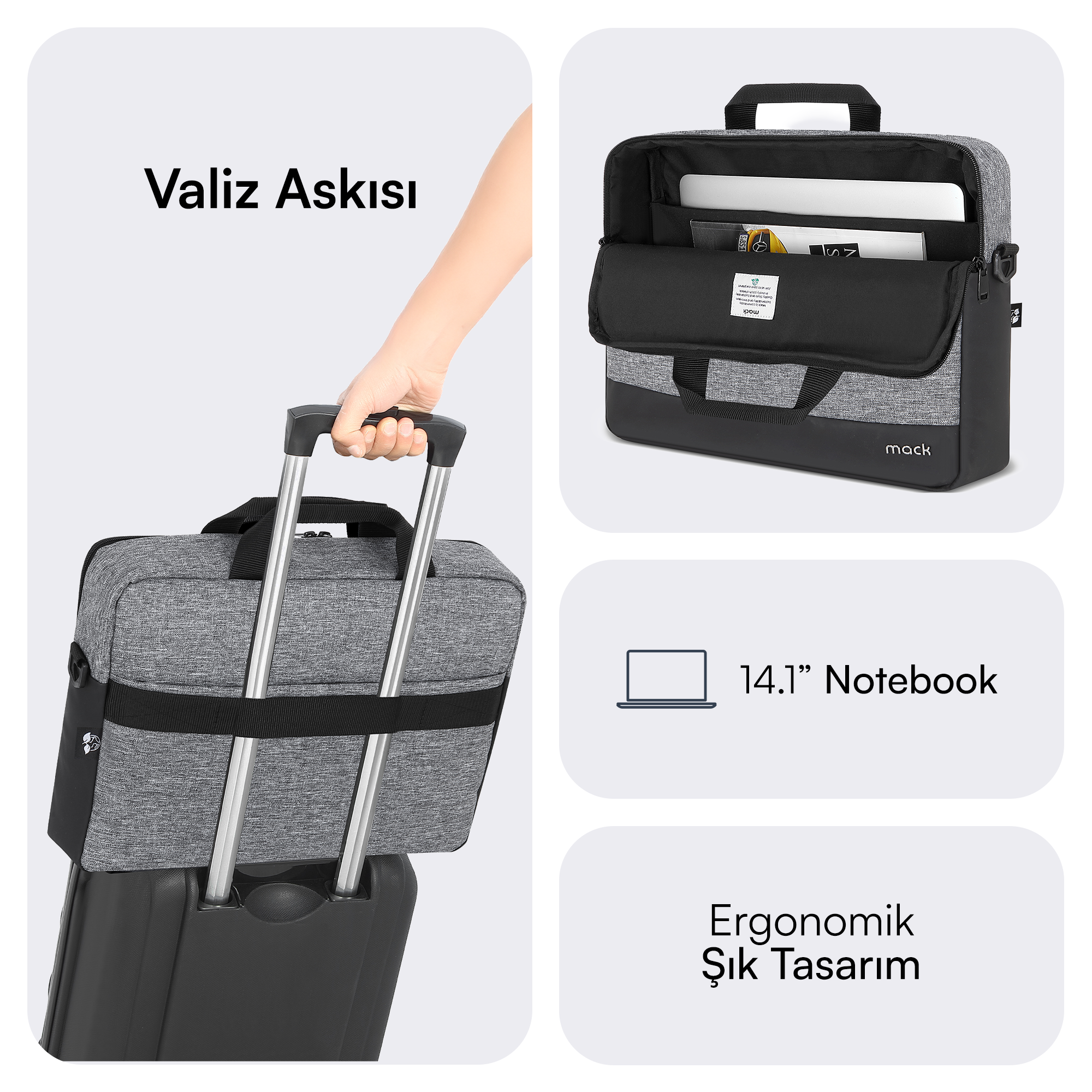 Bir valize takılı, kulplu gri laptop çantası.