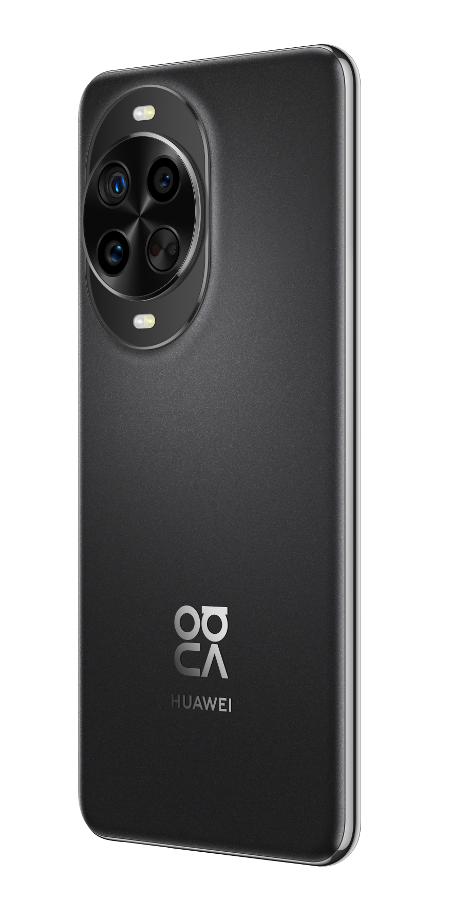 Ciemnoszary smartfon Huawei z czterema aparatami i srebrnym logo.