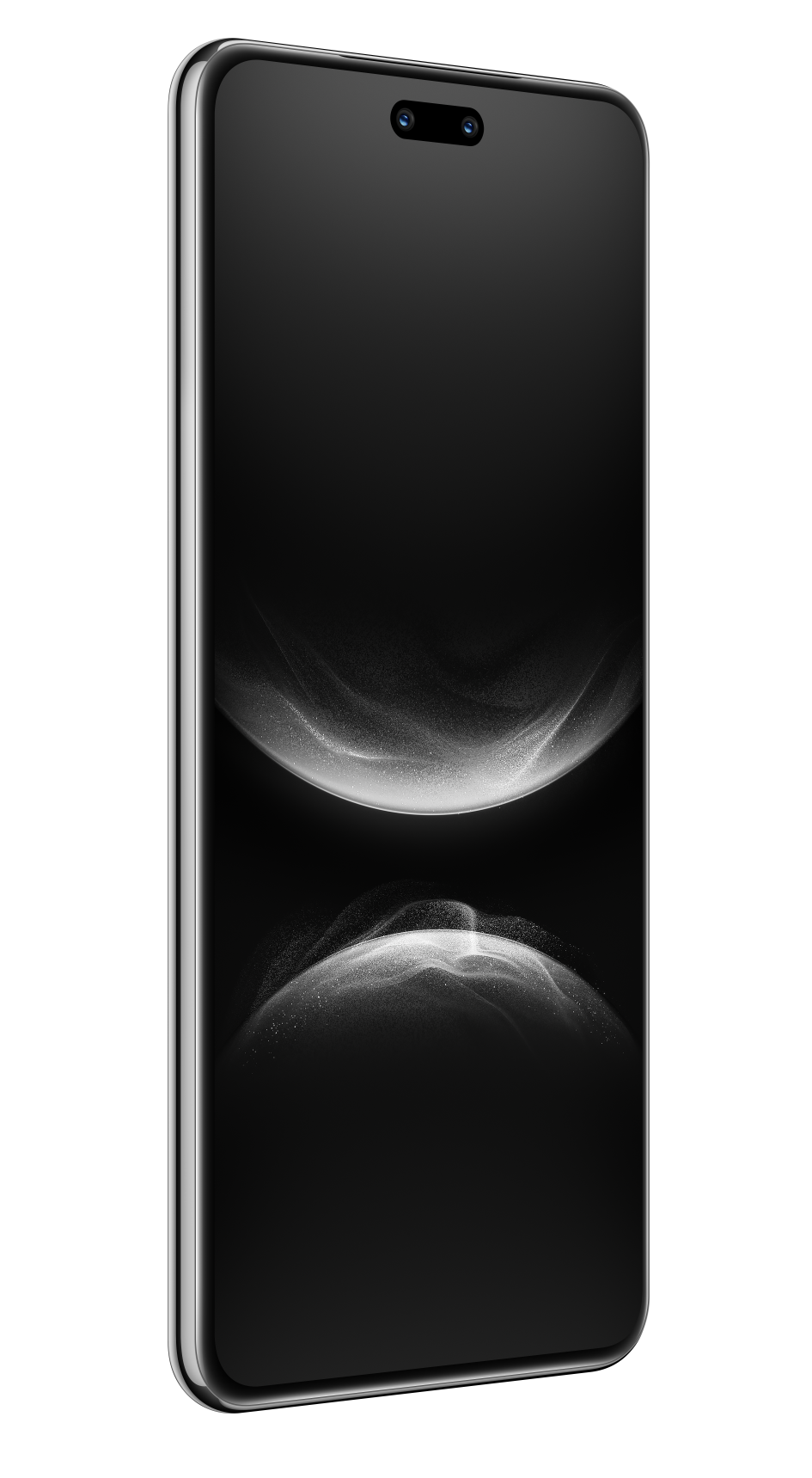 Ciemny smartfon z dwoma aparatami u góry. Błyszczące krawędzie i abstrakcyjne tło.