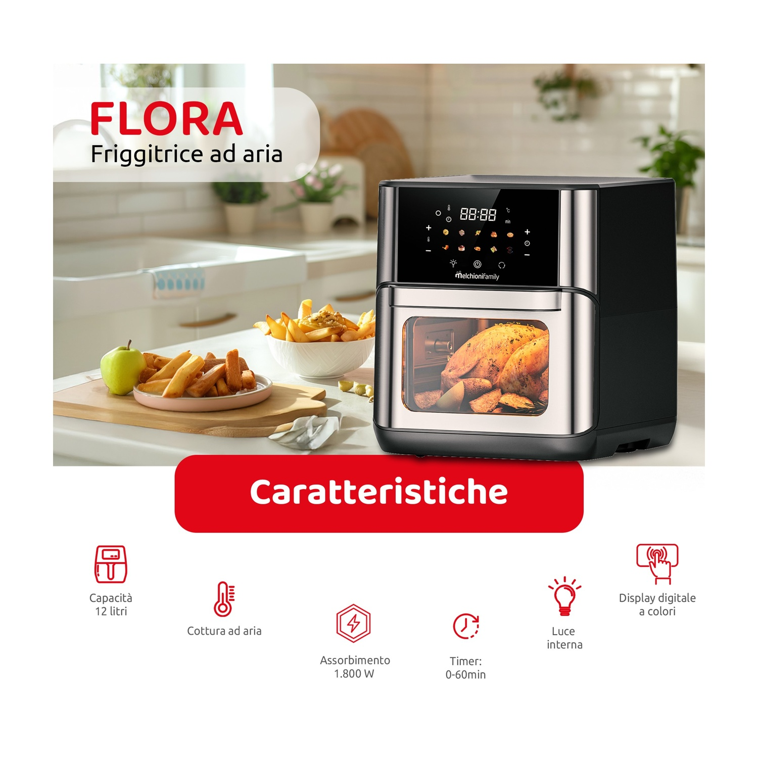 Una friggitrice ad aria da cucina con pollo arrosto e patatine fritte.
