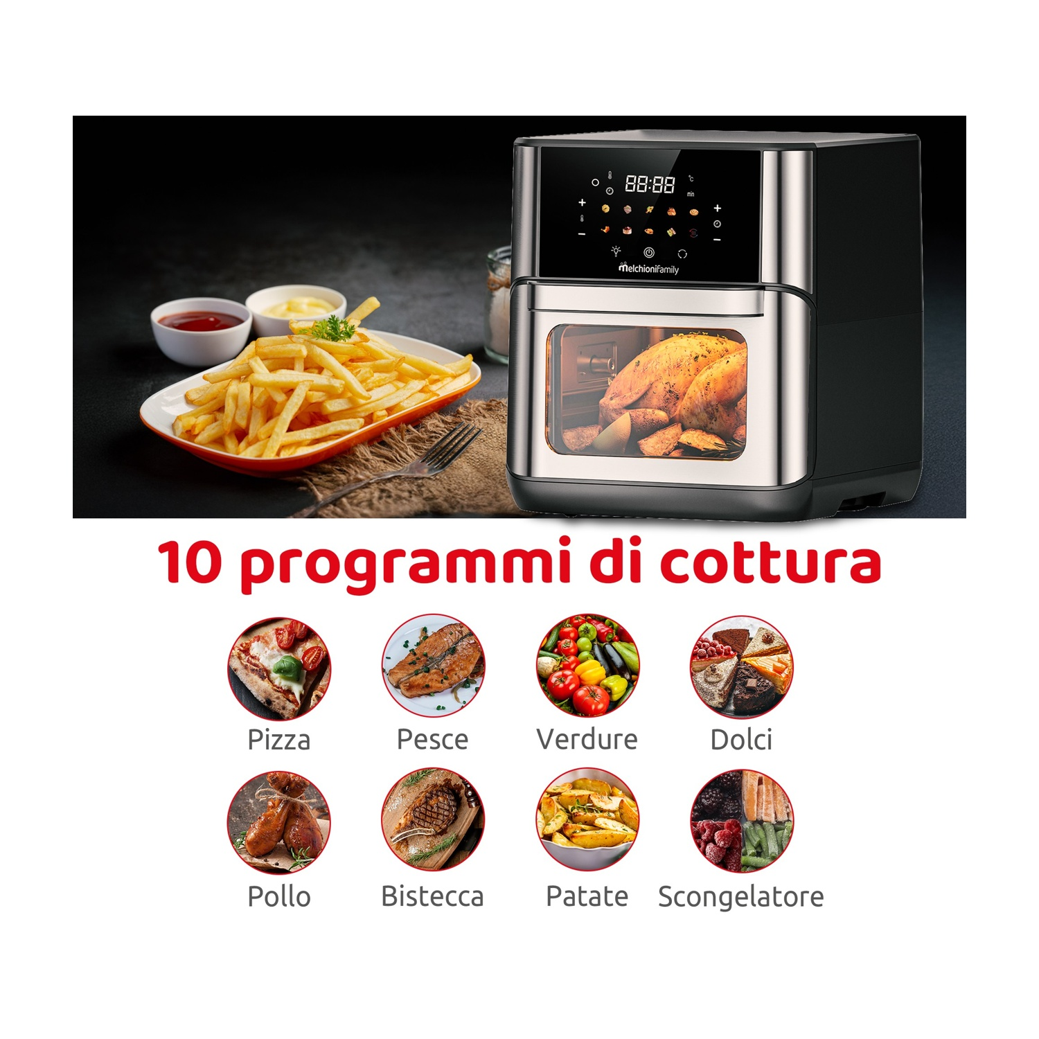 Una friggitrice ad aria con un pollo arrosto e patatine fritte.