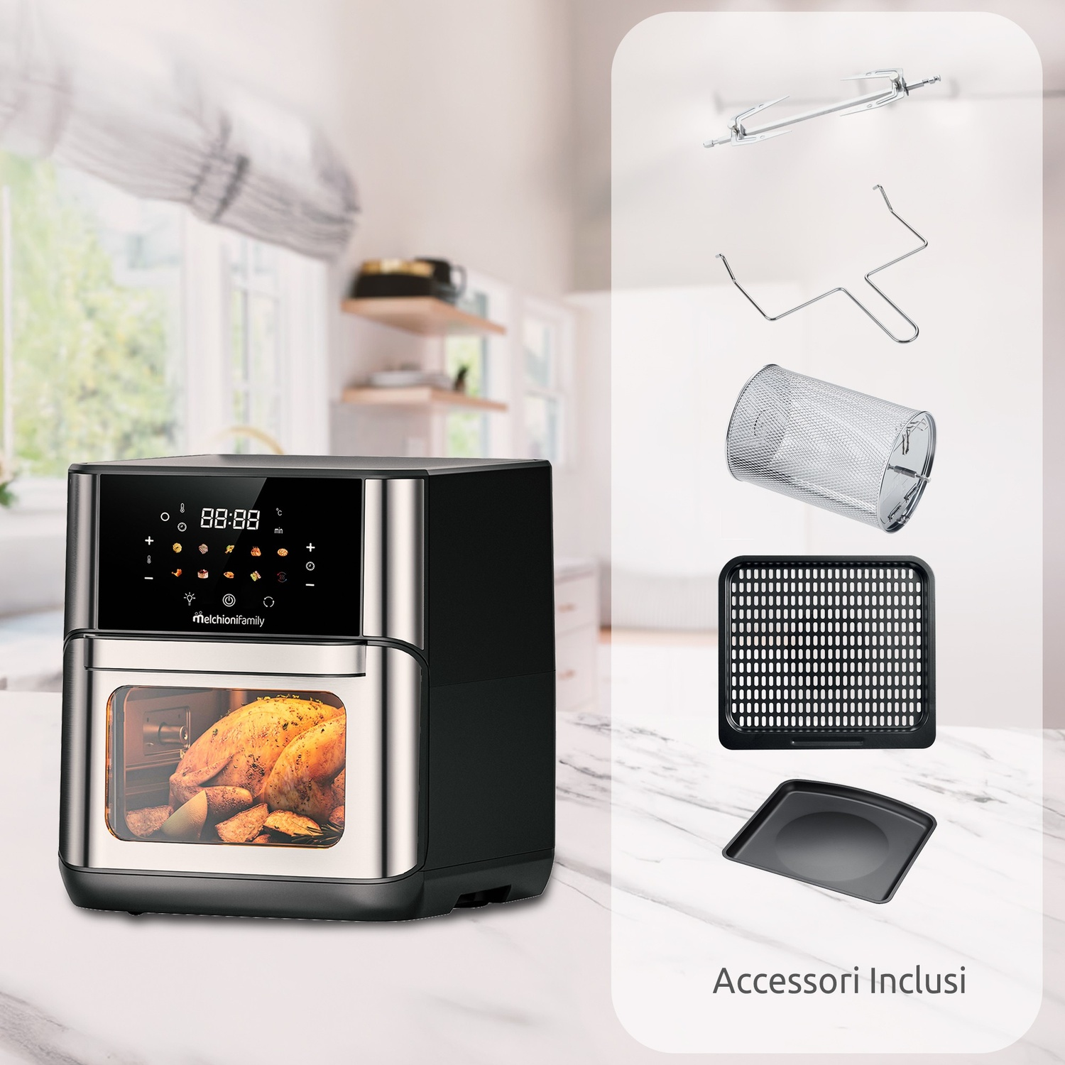 Una friggitrice ad aria con pollo arrosto e patate all'interno. Accessori accanto.