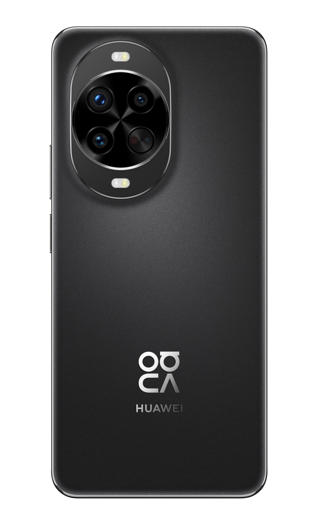 Tył czarnego smartfona Huawei z czterema aparatami i logo.