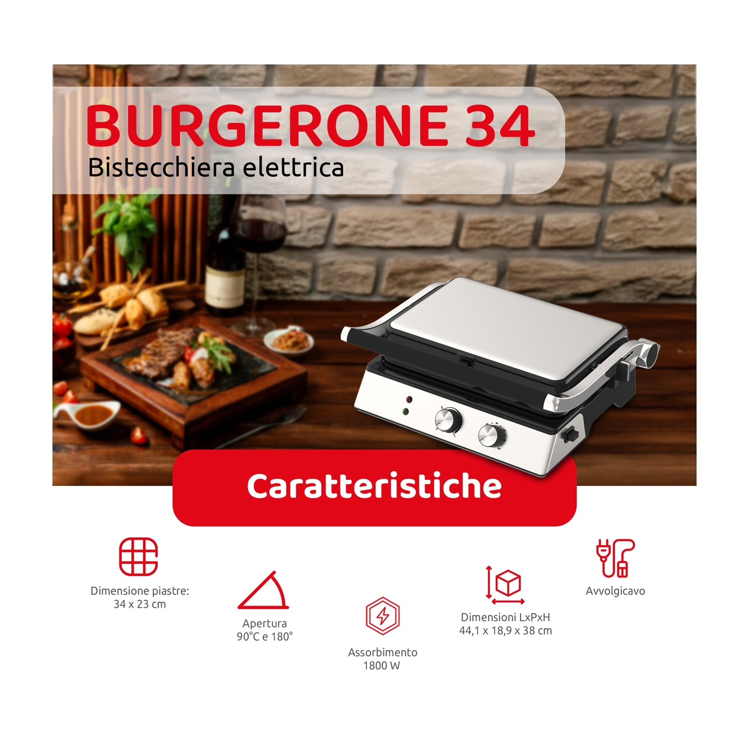 Una bistecchiera elettrica con carne, pane e vino sullo sfondo.