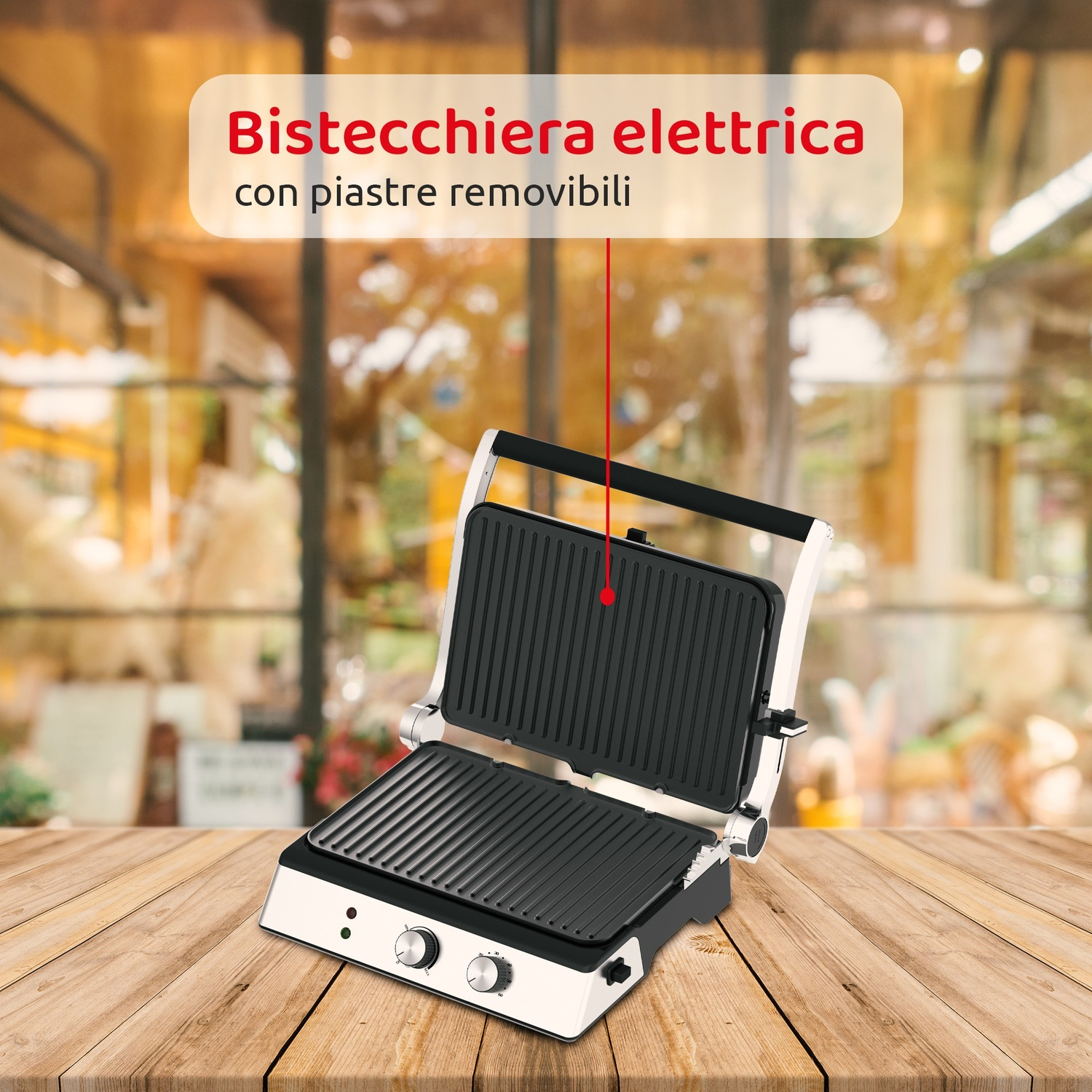 Una bistecchiera elettrica aperta con piastre rigate su un tavolo di legno.