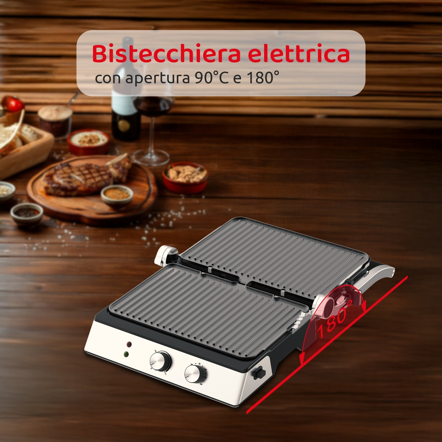 Grill elettrico con piastre aperte, bistecca grigliata e vino vicino.