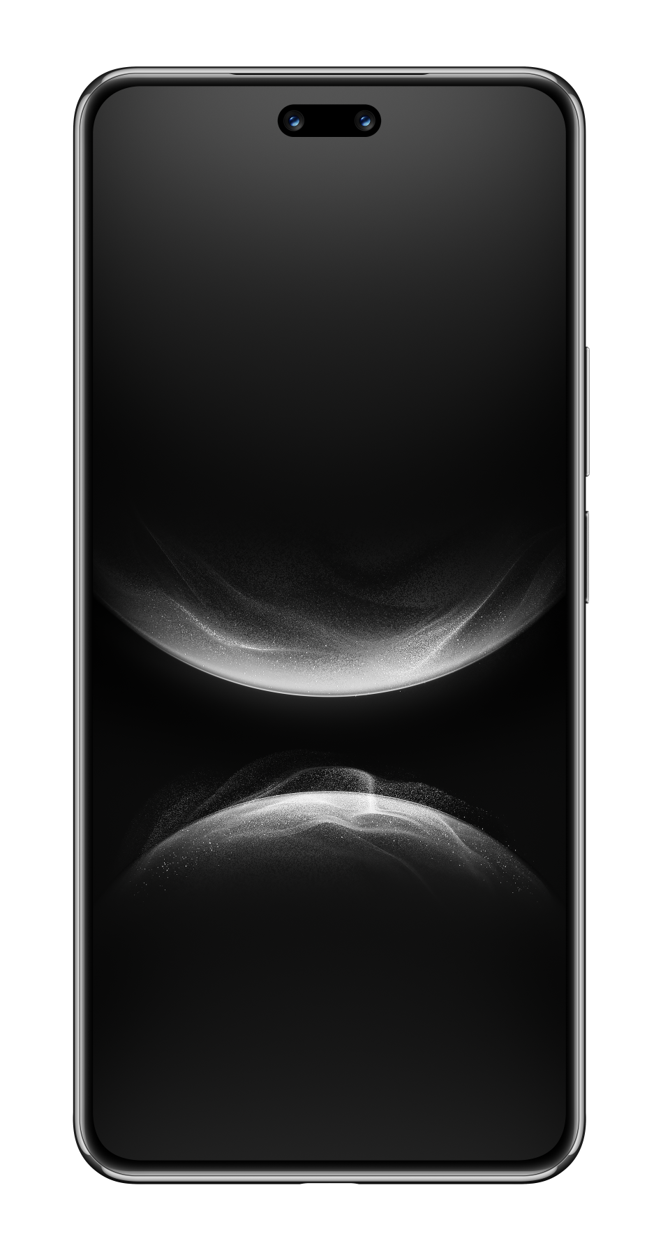 Ciemny smartfon z wcięciem i abstrakcyjnym, świecącym tłem.