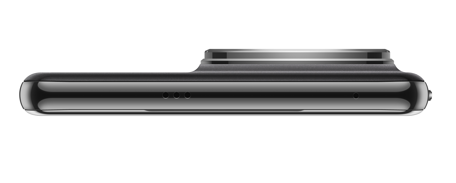 Zbliżenie ciemnego smartfona z trzema małymi otworami i przyciskiem.