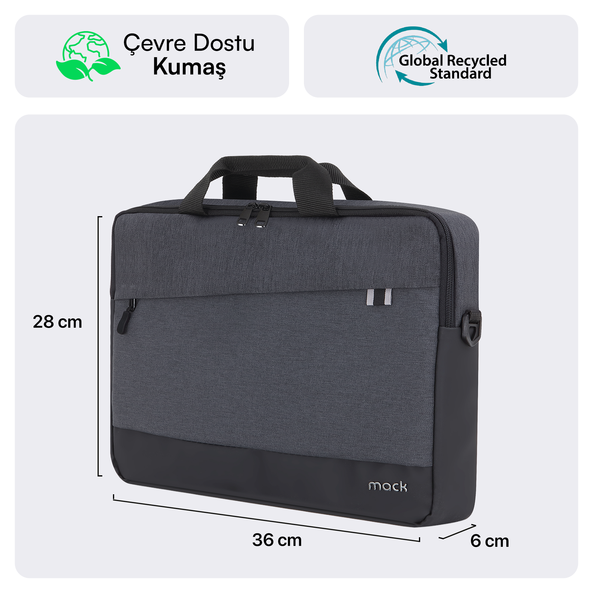 Kulplu gri laptop çantası. Boyutlar: 36x28x6cm. Çevre dostu malzeme.