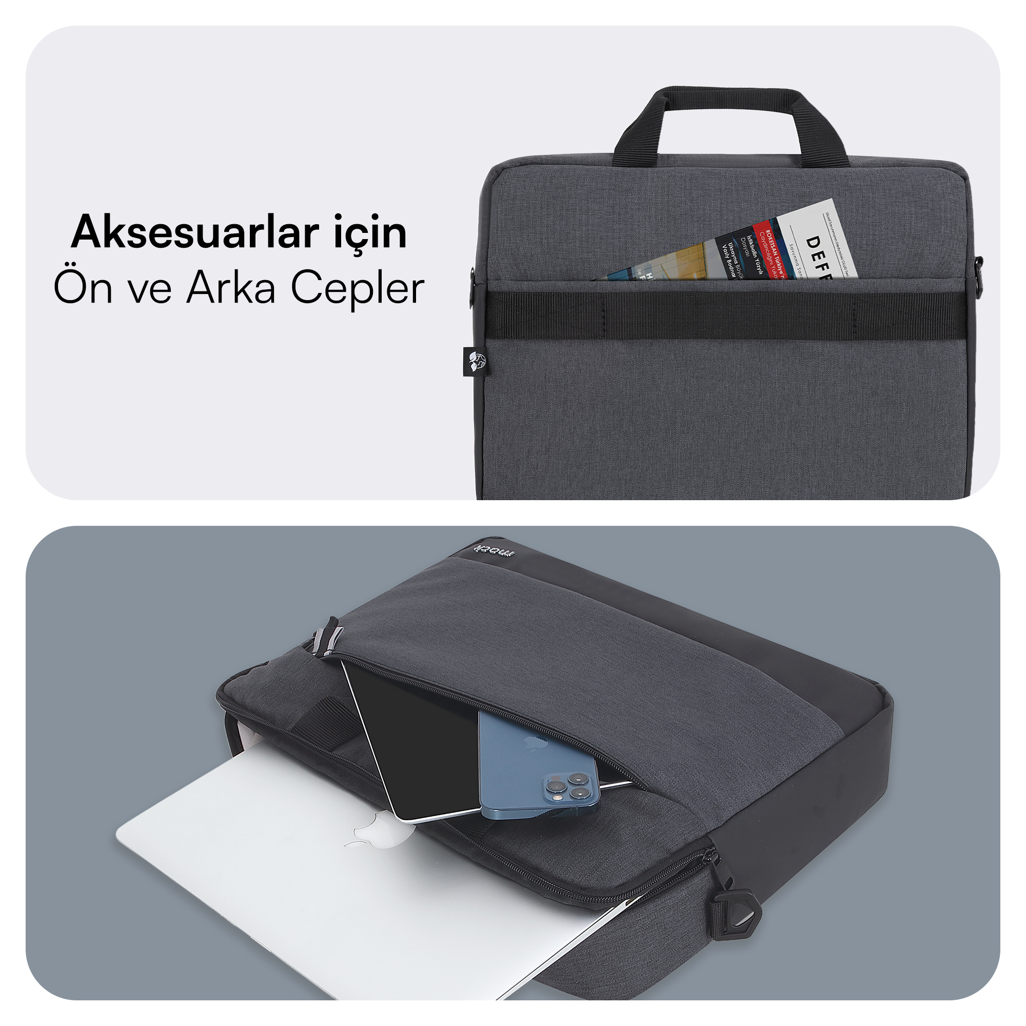 Aksesuar cepli gri laptop çantası. Laptop ve akıllı telefon görünür.