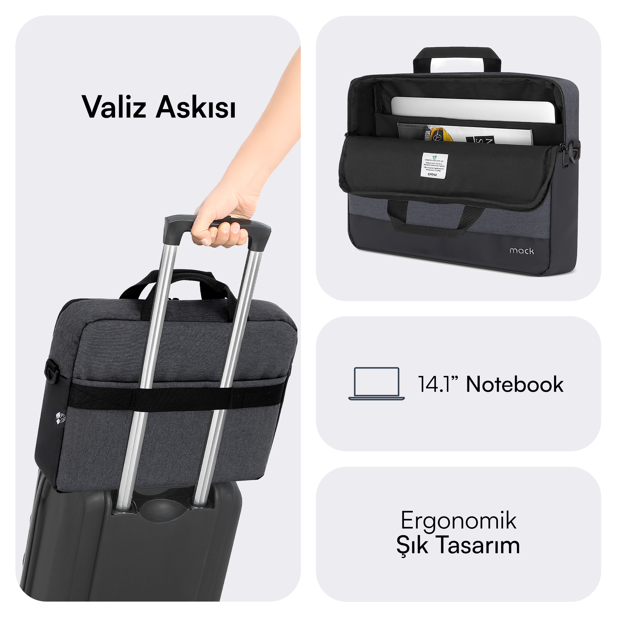 Valize takılı gri laptop çantası. 14.1 inç dizüstü bilgisayar.