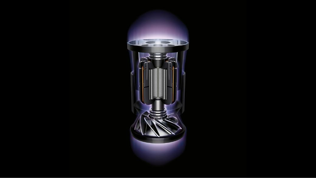 Schematyczny widok silnika z turbiną i fioletowymi efektami świetlnymi.